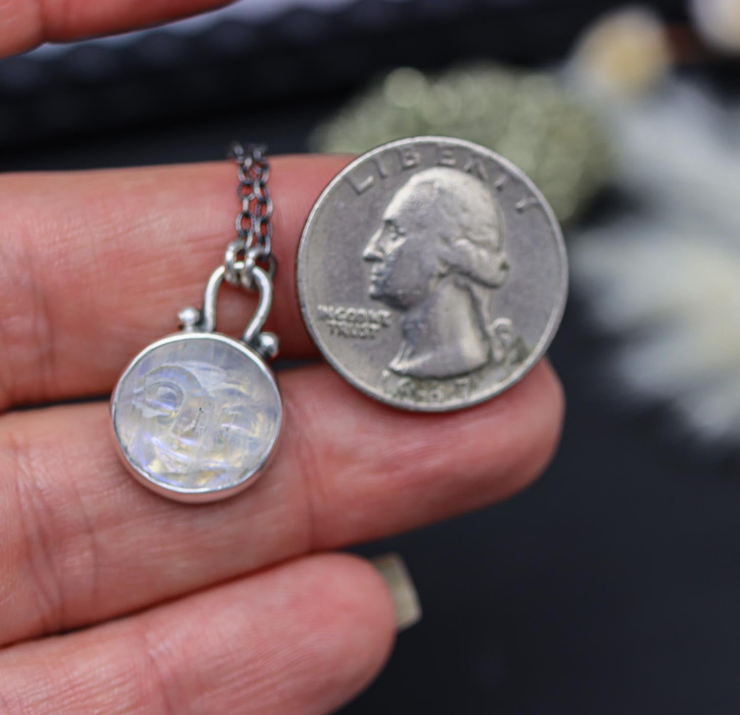 Carved Moonstone Moon Face Petite Pendant Necklace in Sterling Silver
