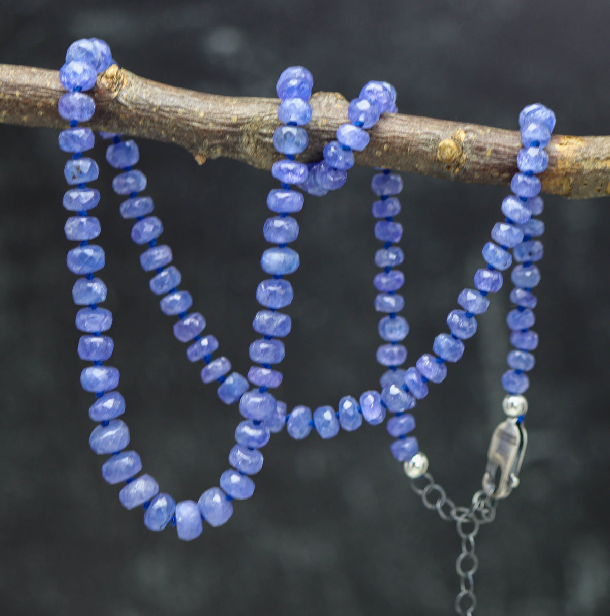 Tanzanite Hand Knotted Bead Necklace Sterling Silver