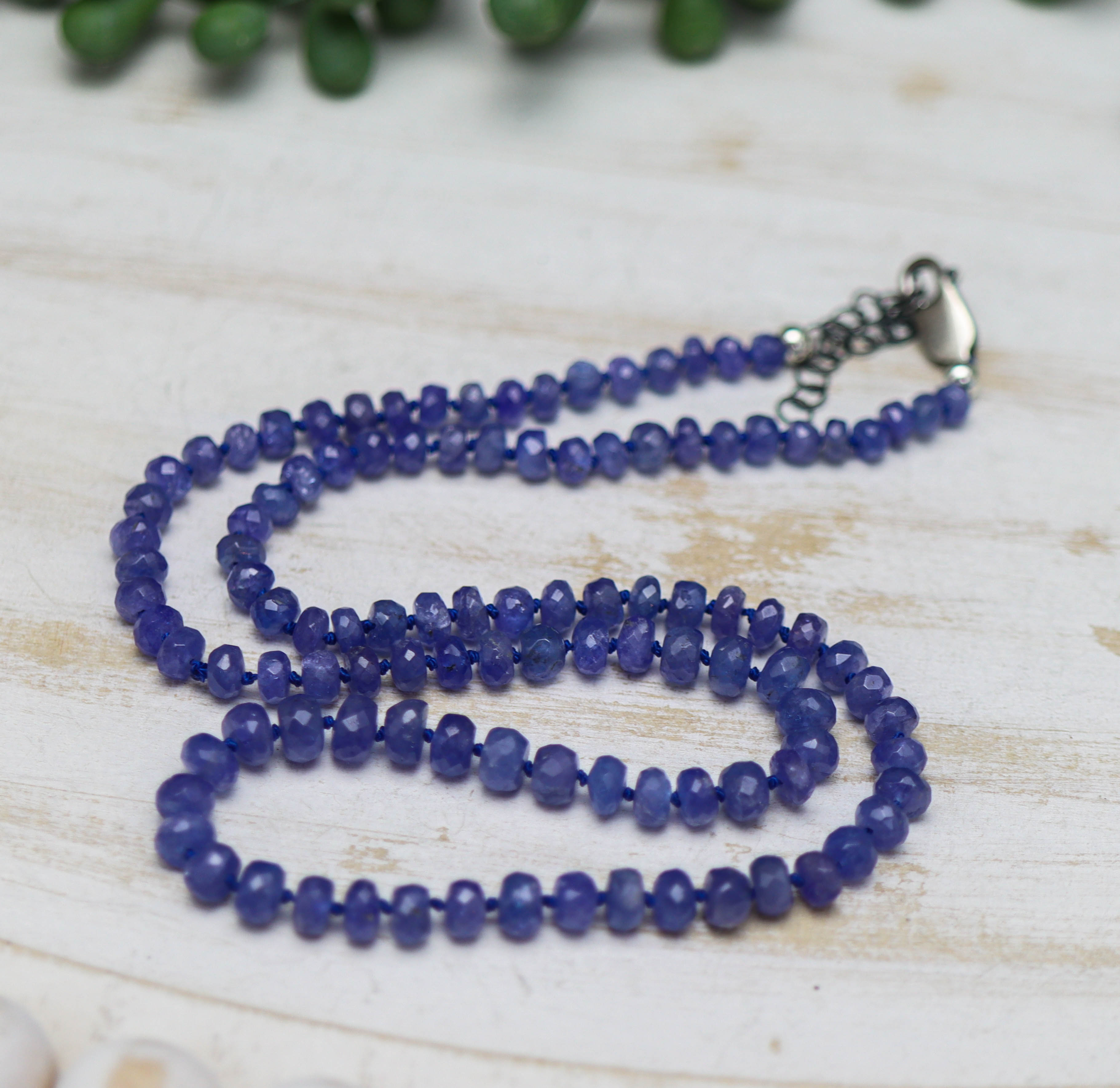 Tanzanite Hand Knotted Bead Necklace Sterling Silver