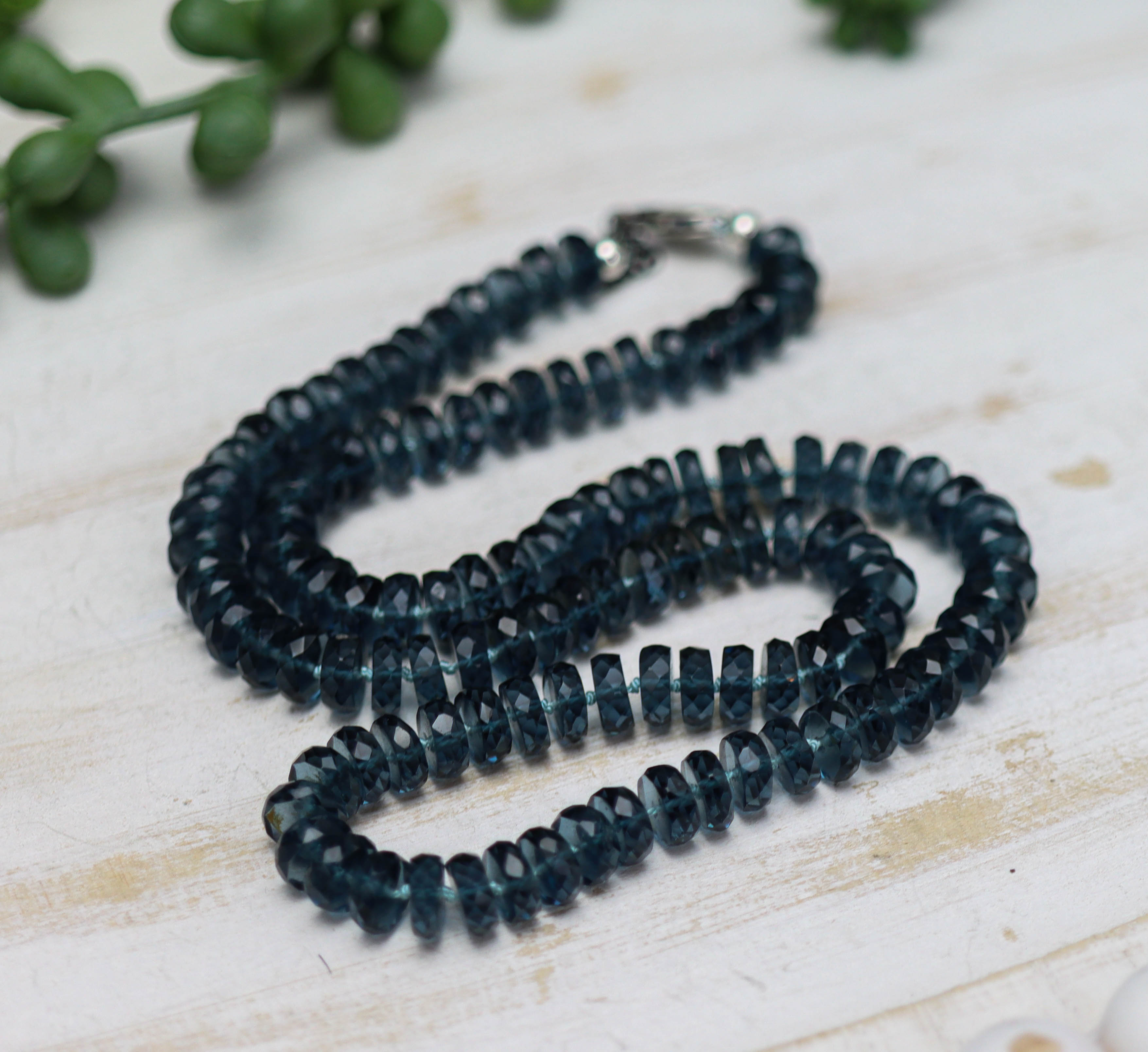 London Blue Topaz Hand Knotted Bead Necklace Sterling Silver