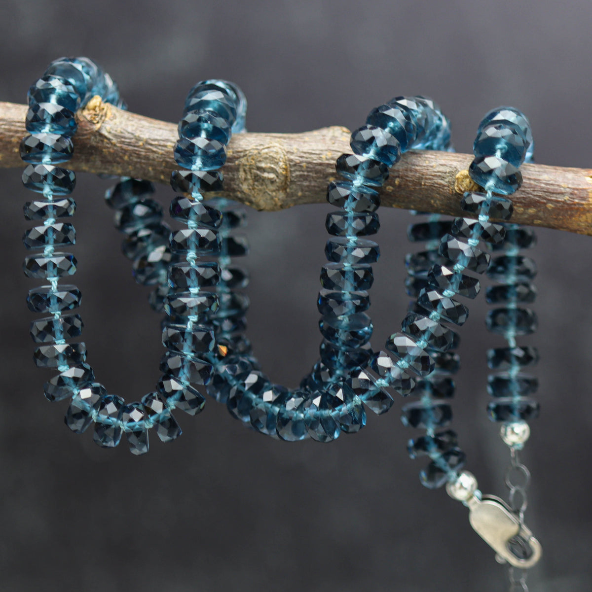 London Blue Topaz Hand Knotted Bead Necklace Sterling Silver