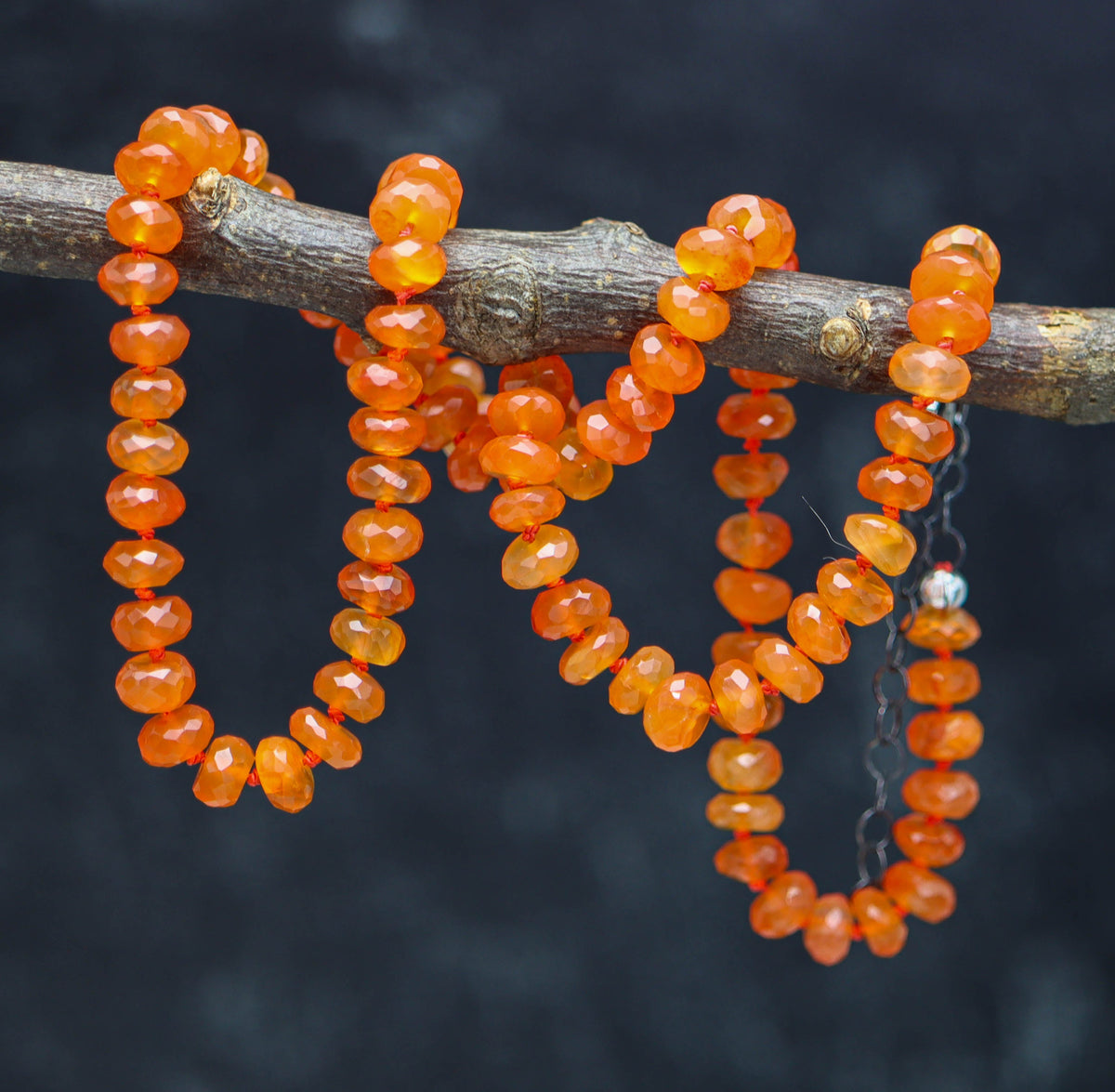 Juicy Orange Carnelian Hand Knotted Bead Necklace Sterling Silver