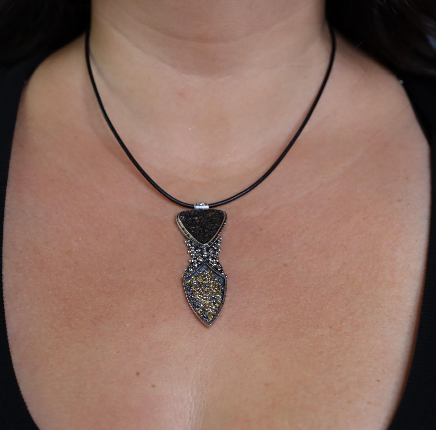 The Goddess Pendant #2 Obsidian Necklace Sterling Silver and 22k Gold