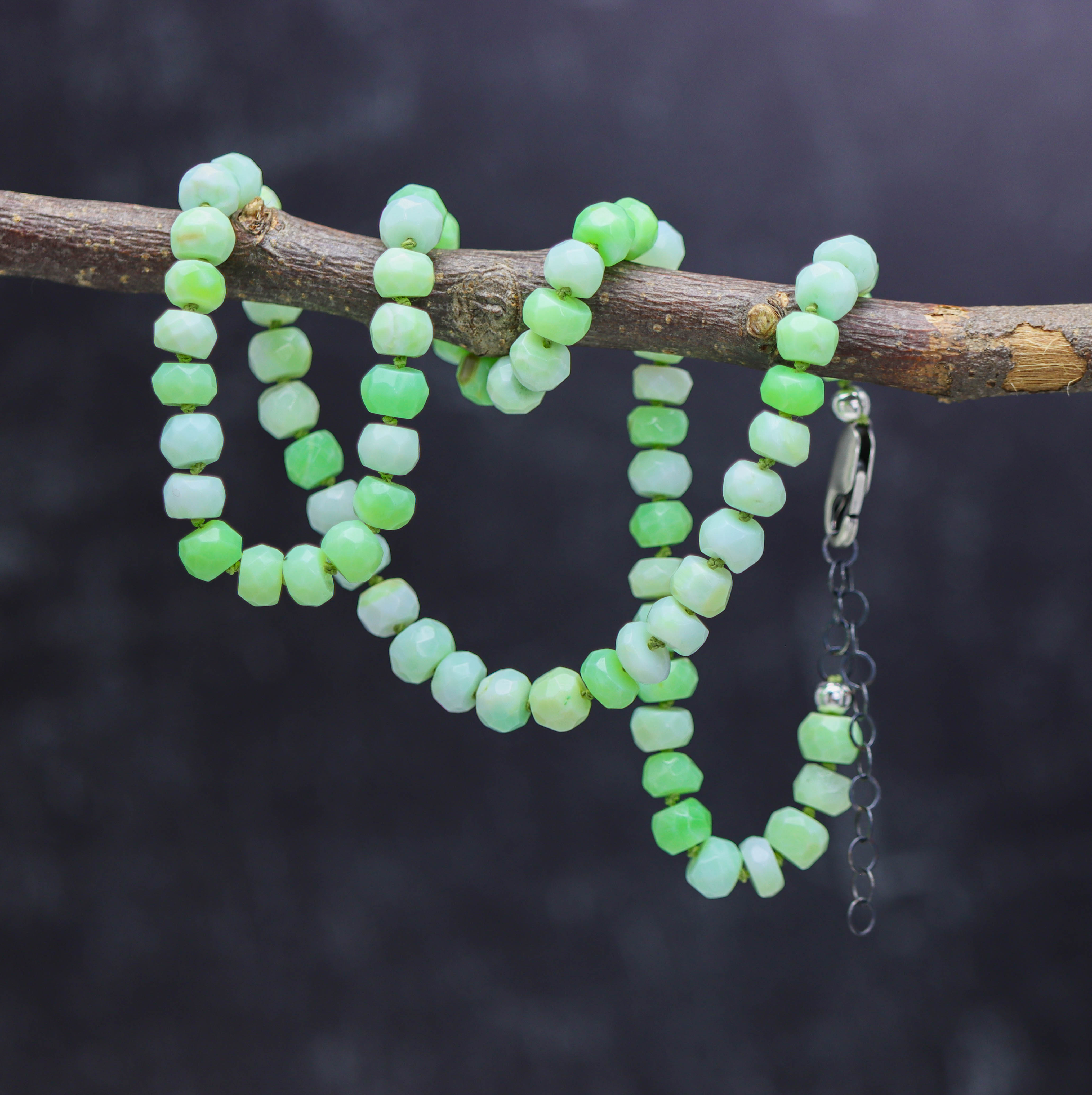 Lime Green Opal Hand Knotted Bead Necklace Sterling Silver