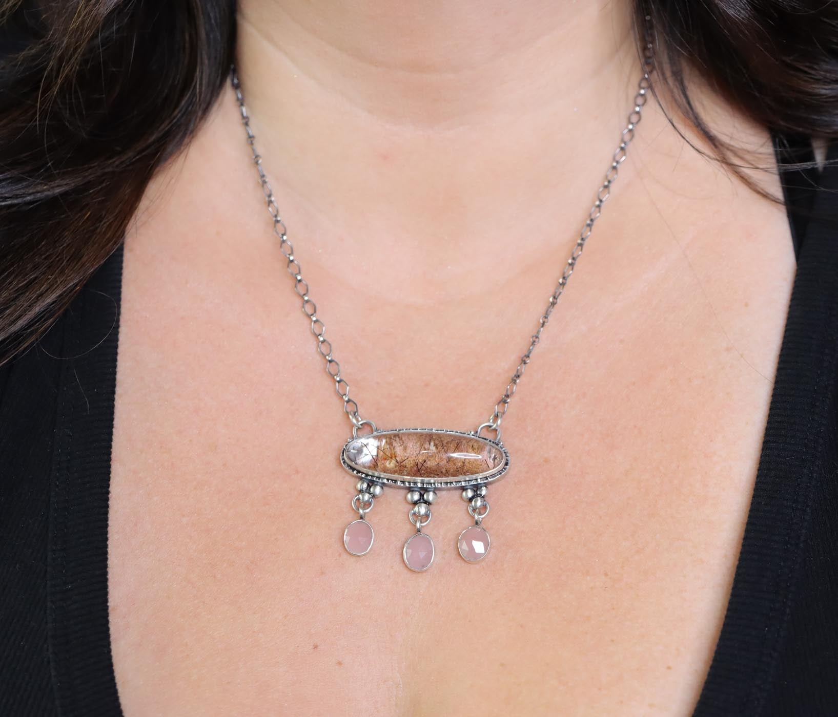 Garden Quartz and Guava Quartz Dangle Necklace Sterling Silver