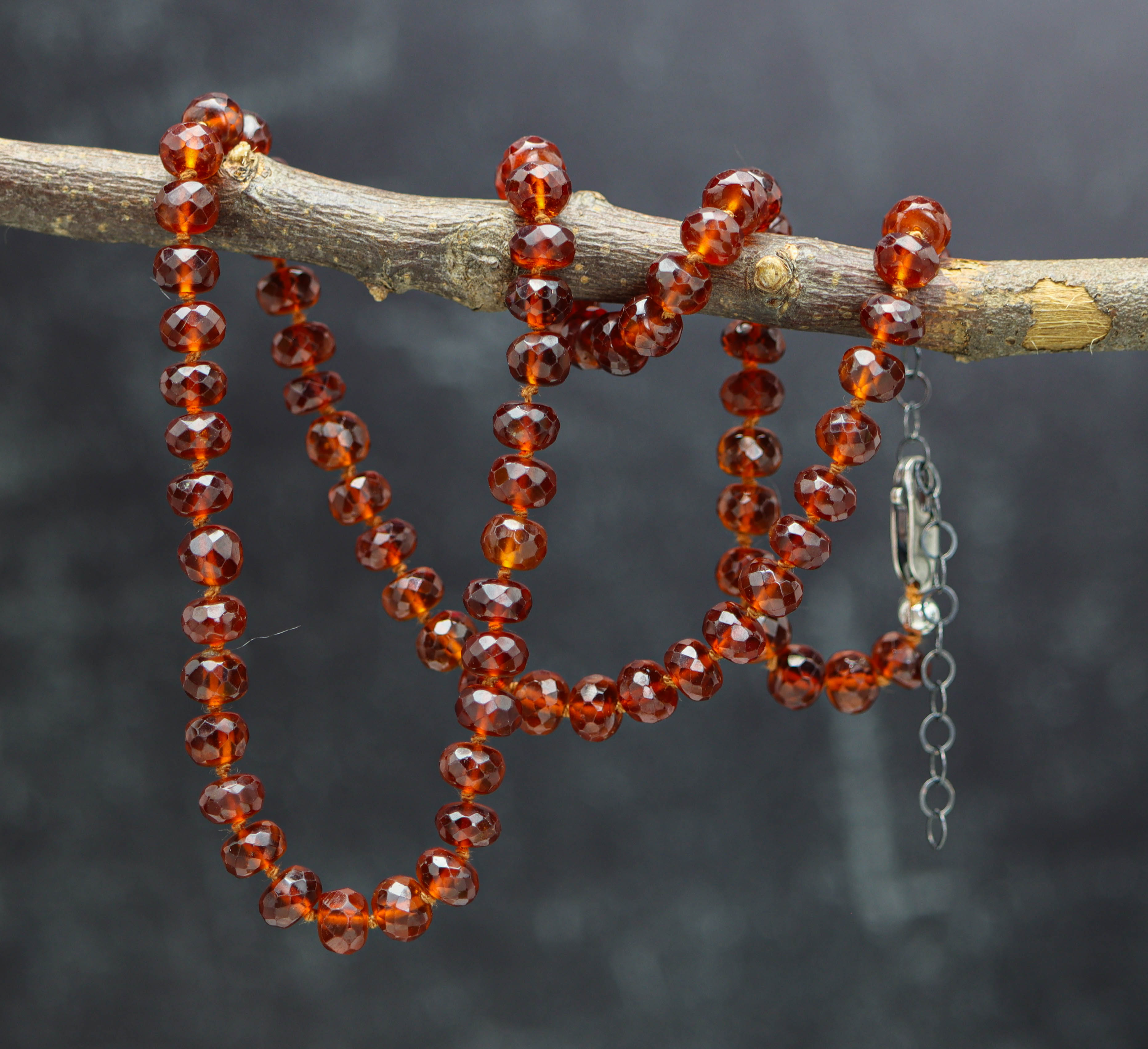 Hessonite Garnet Hand-Knotted Strand Necklace in Sterling Silver 18 inch