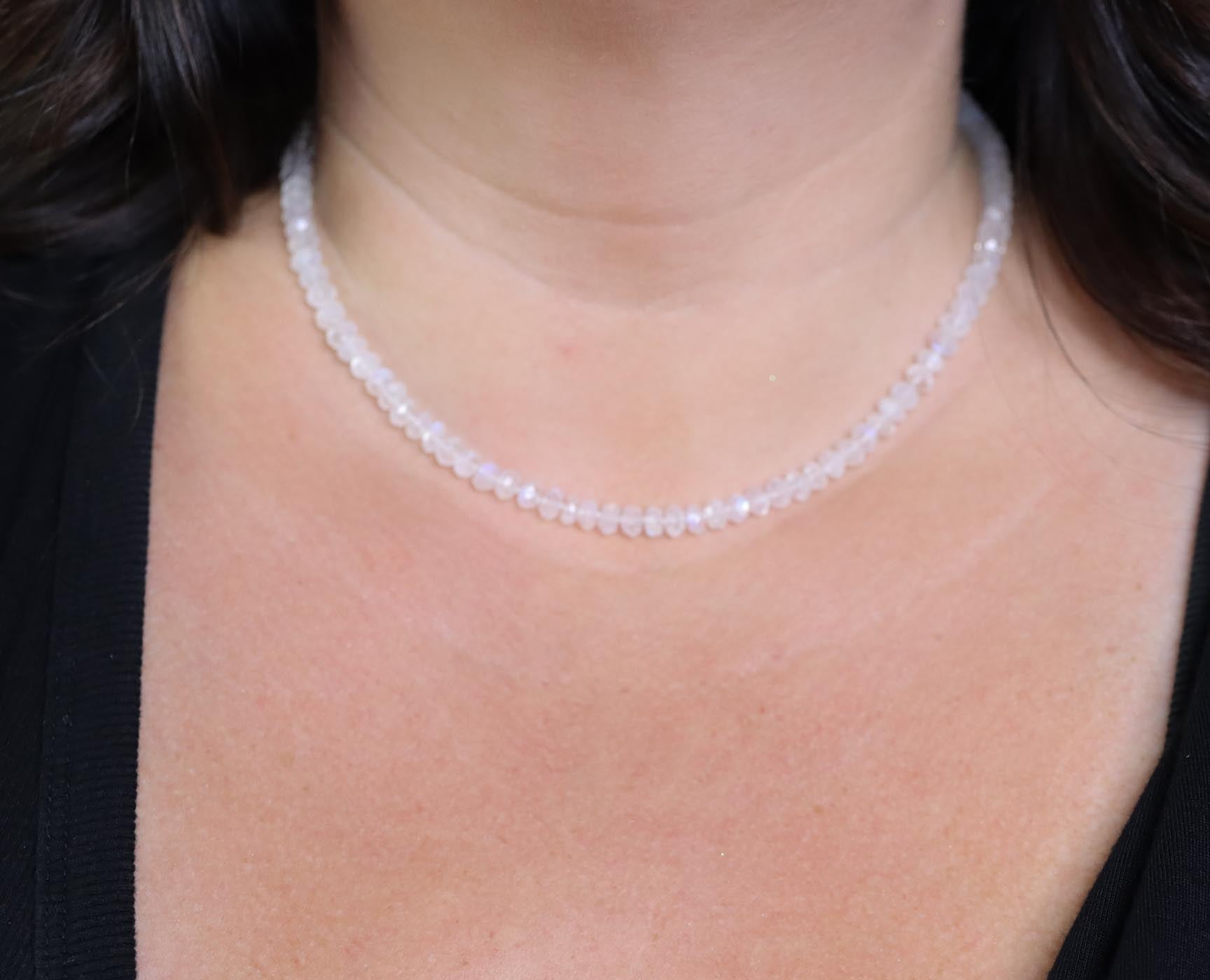 Rainbow Moonstone Hand Knotted Bead Necklace Sterling Silver 18 inch