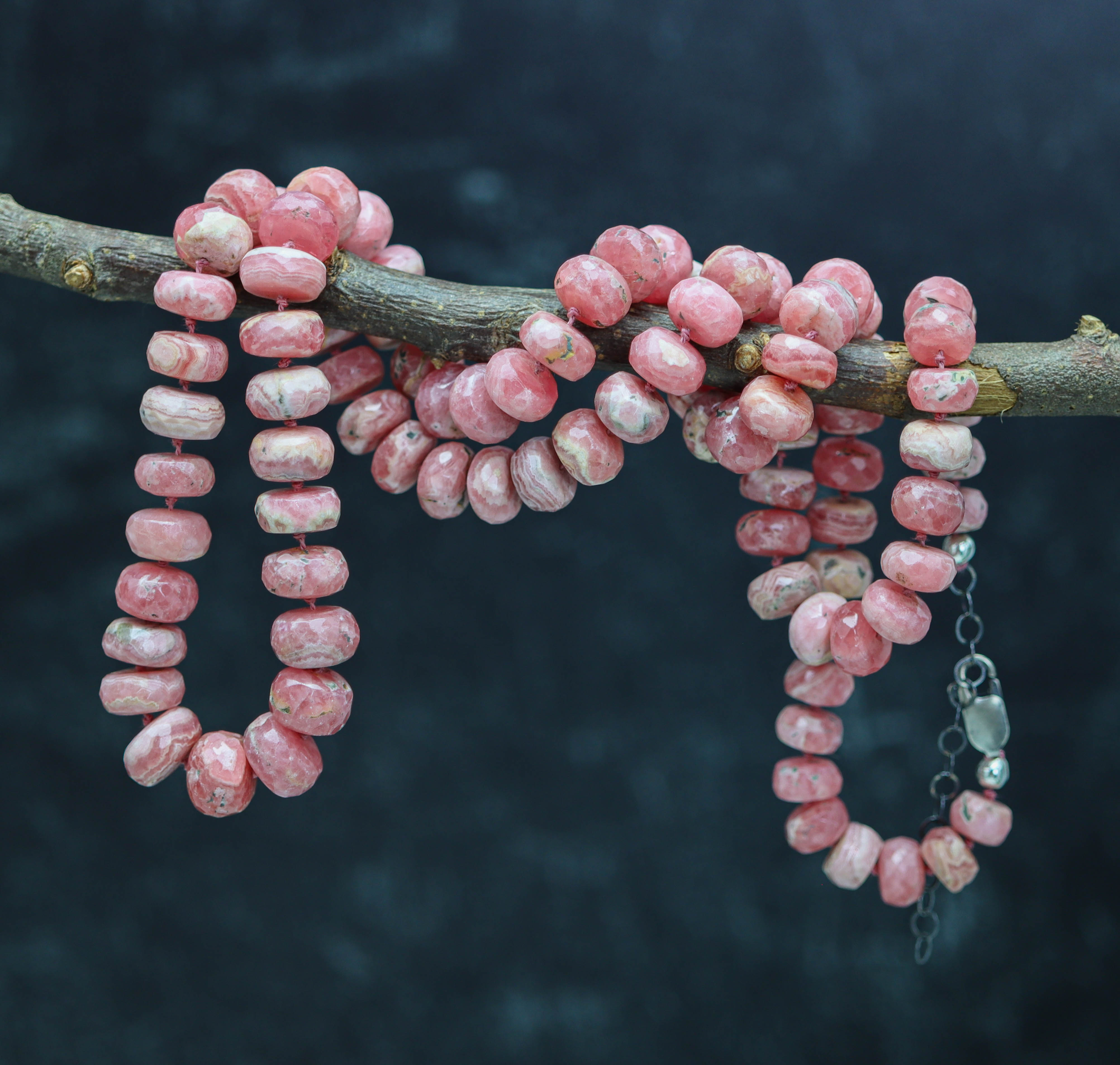 Pink Rhodochrosite Hand Knotted Bead Necklace Sterling Silver