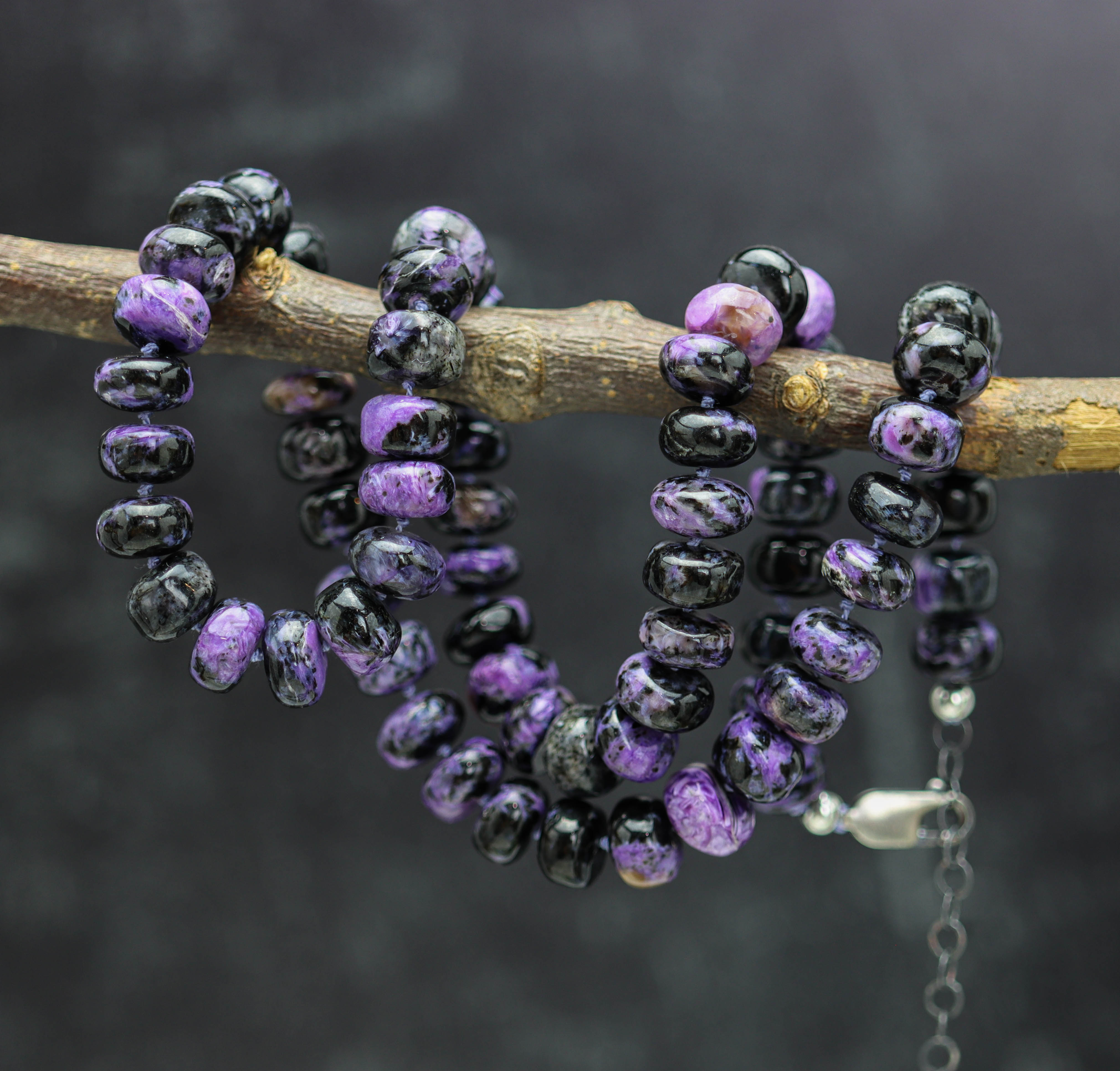 Purple Chaorite Hand Knotted Bead Necklace Sterling Silver
