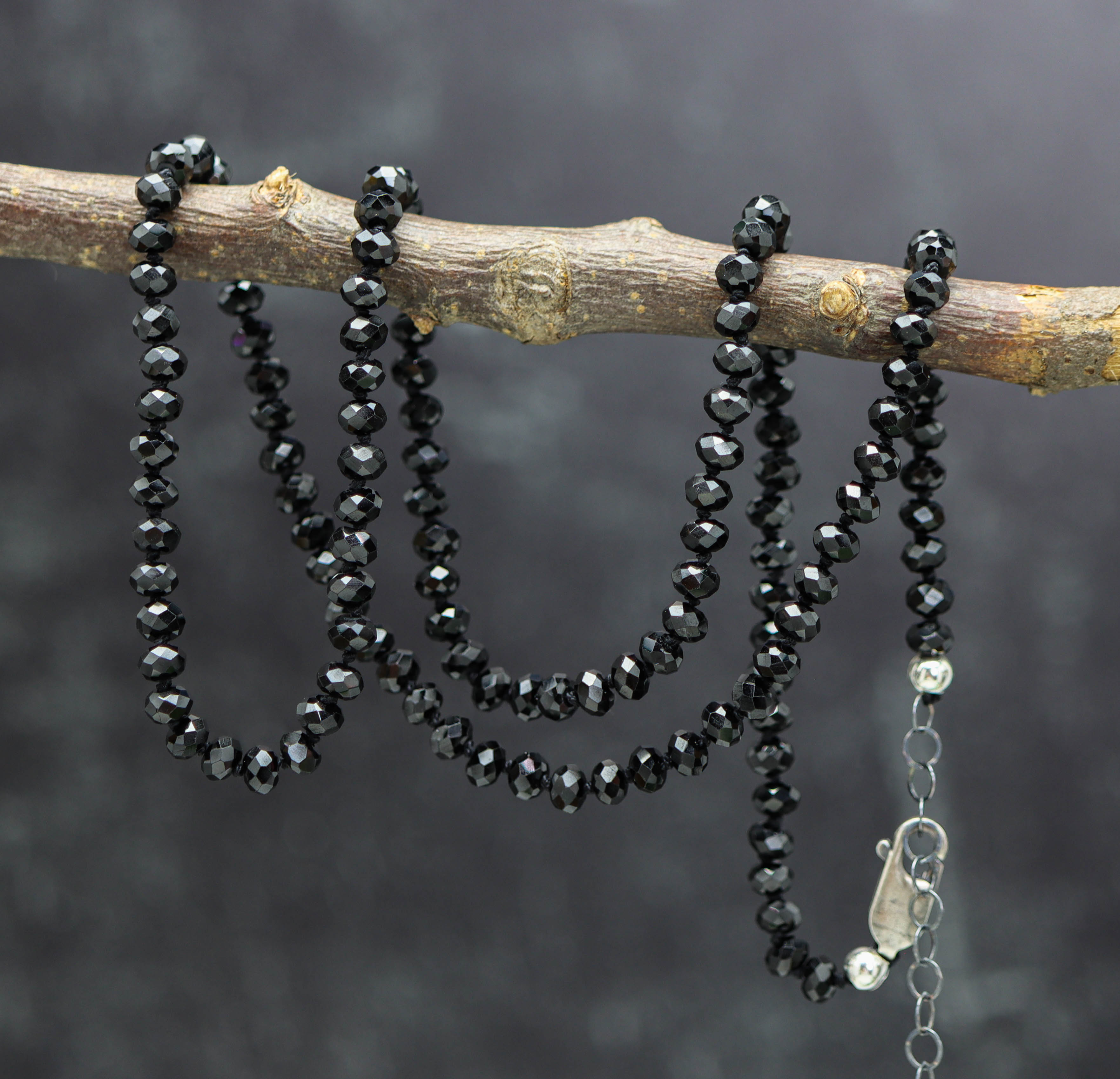 Sparkly Black Spinel Hand Knotted Bead Necklace Sterling Silver 21 Inch