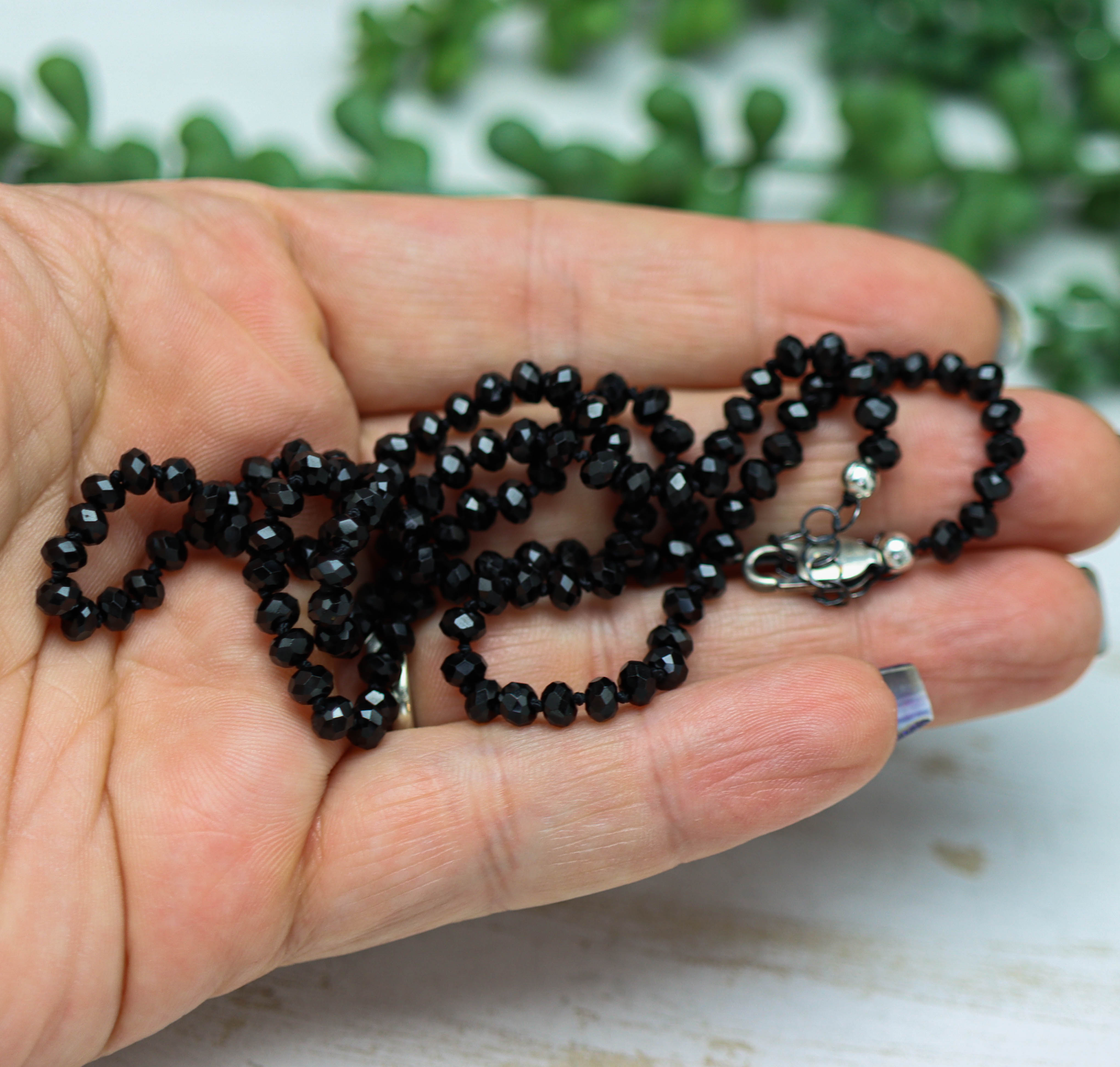 Sparkly Black Spinel Hand Knotted Bead Necklace Sterling Silver 21 Inch