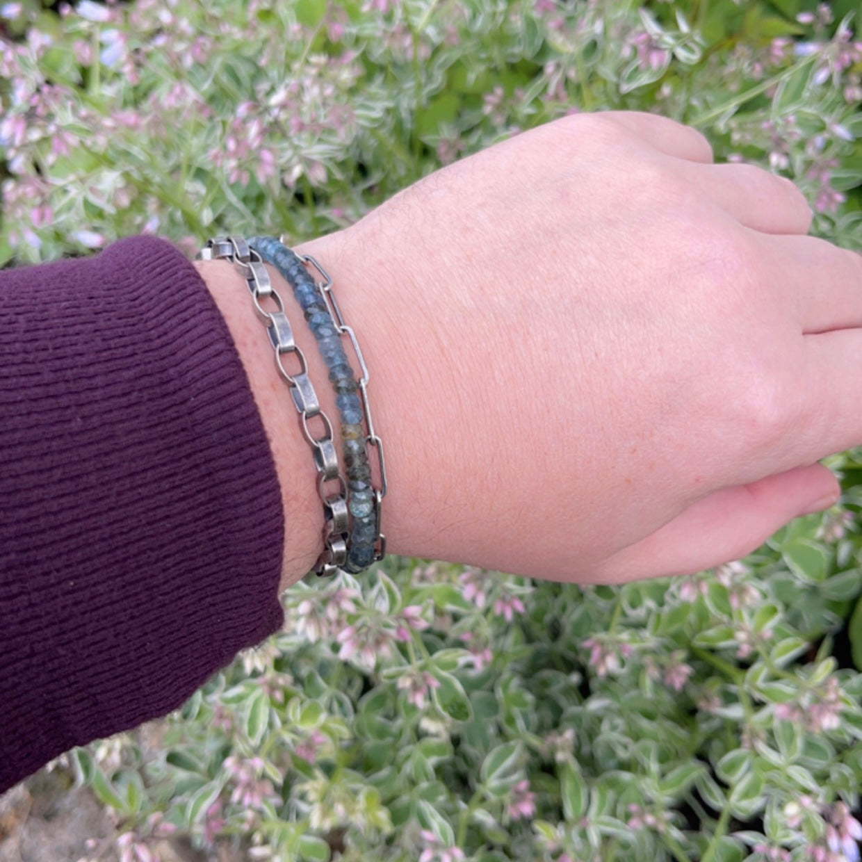 Moss Aquamarine & Sterling Silver Triple Strand Bracelet