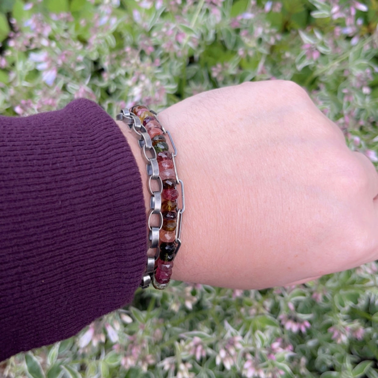 Multi-Colored Tourmaline & Sterling Silver Triple Strand Bracelet