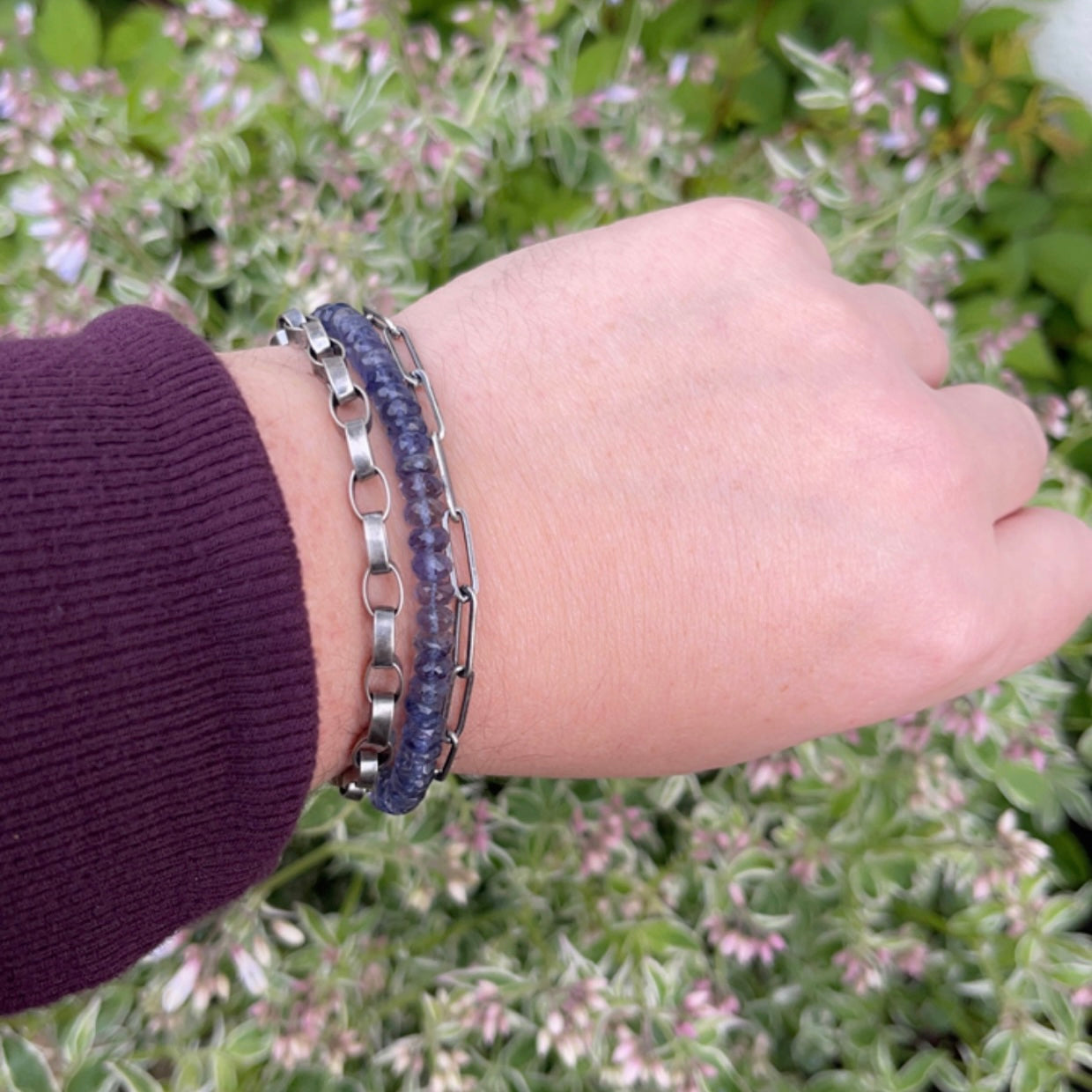 Blue Violet Iolite & Sterling Silver Triple Strand Bracelet