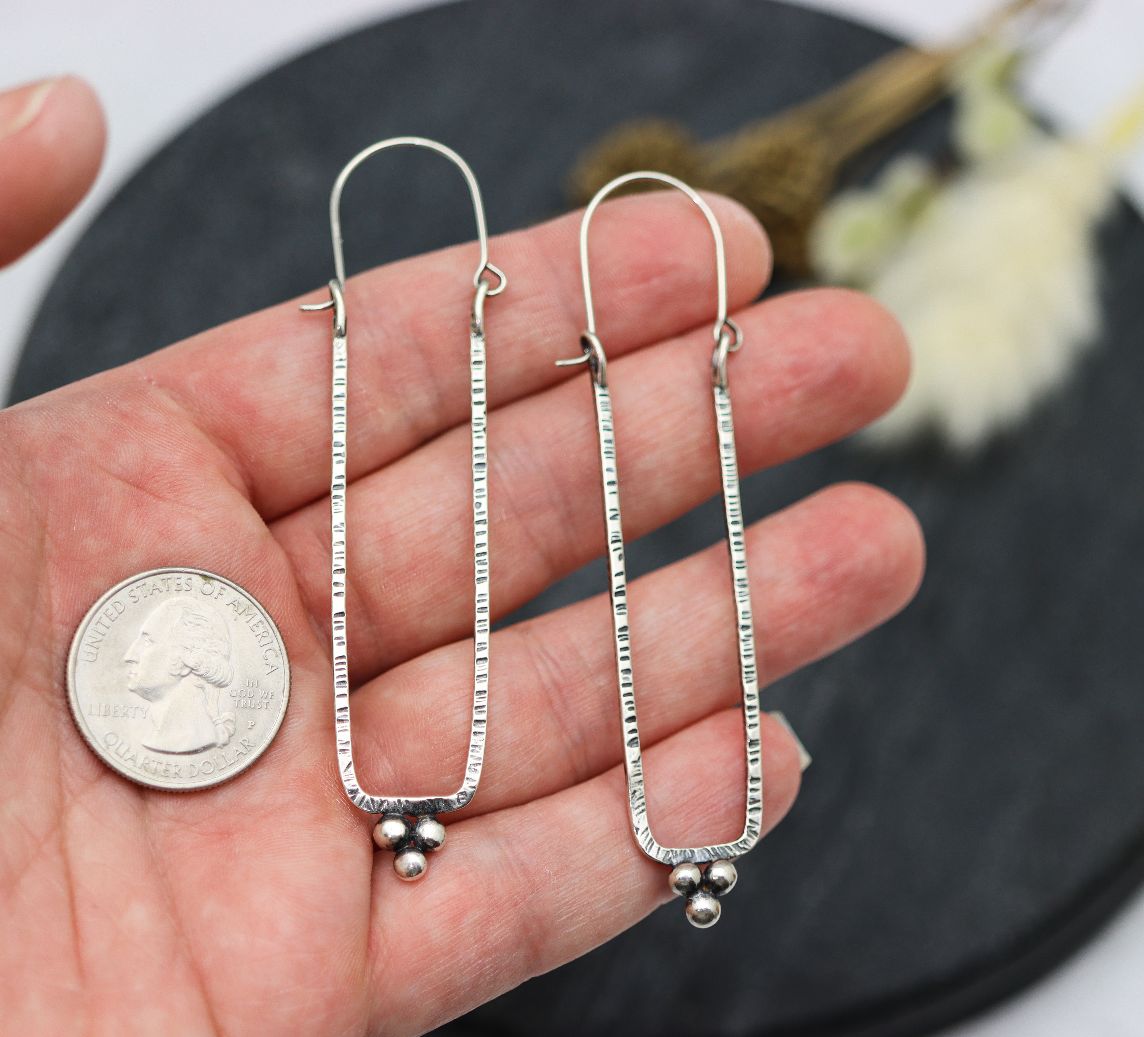 Narrow Rectangle Granulated Hoop Earrings in Sterling Silver Made To Order