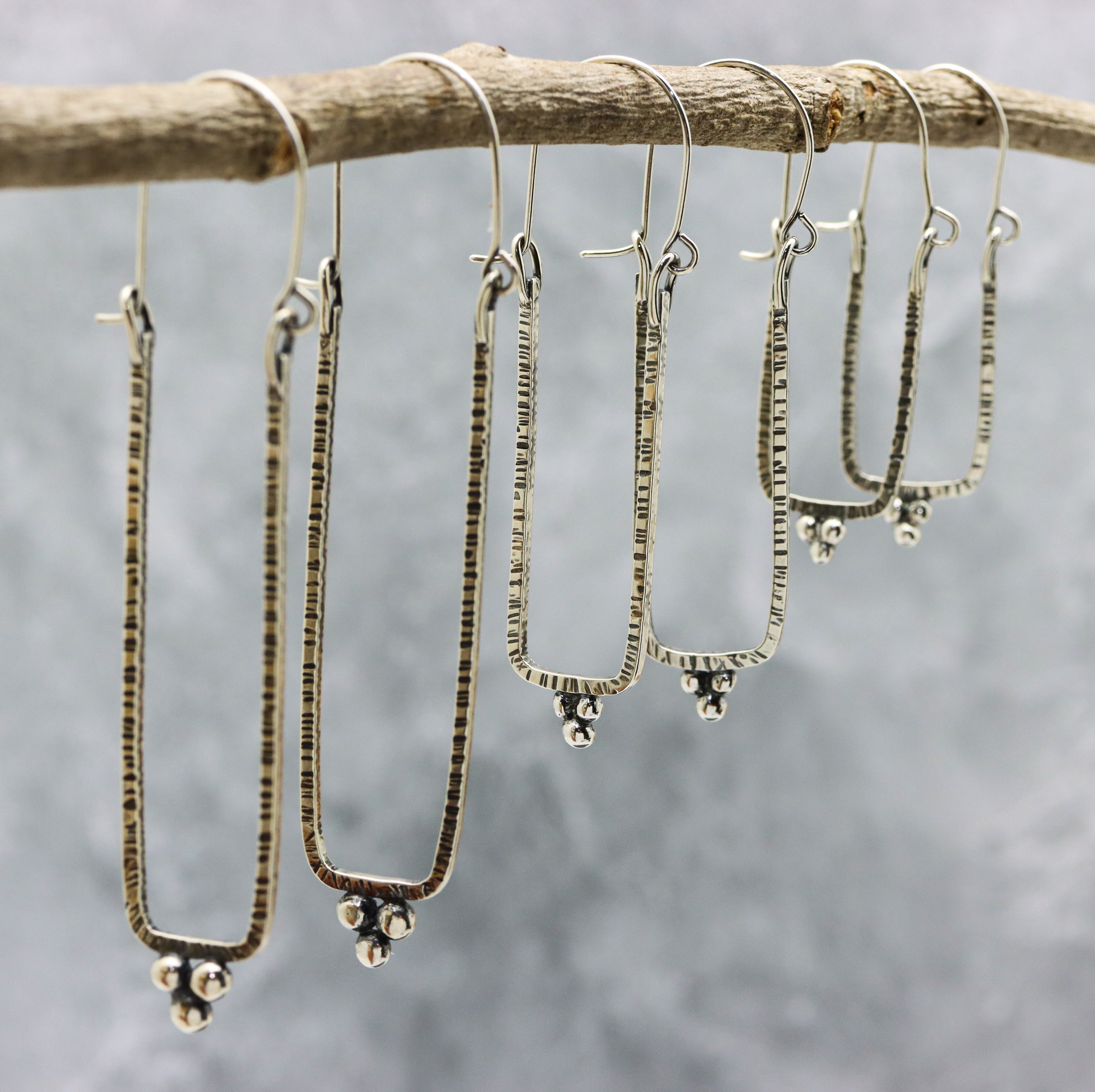 Narrow Rectangle Granulated Hoop Earrings in Sterling Silver Made To Order