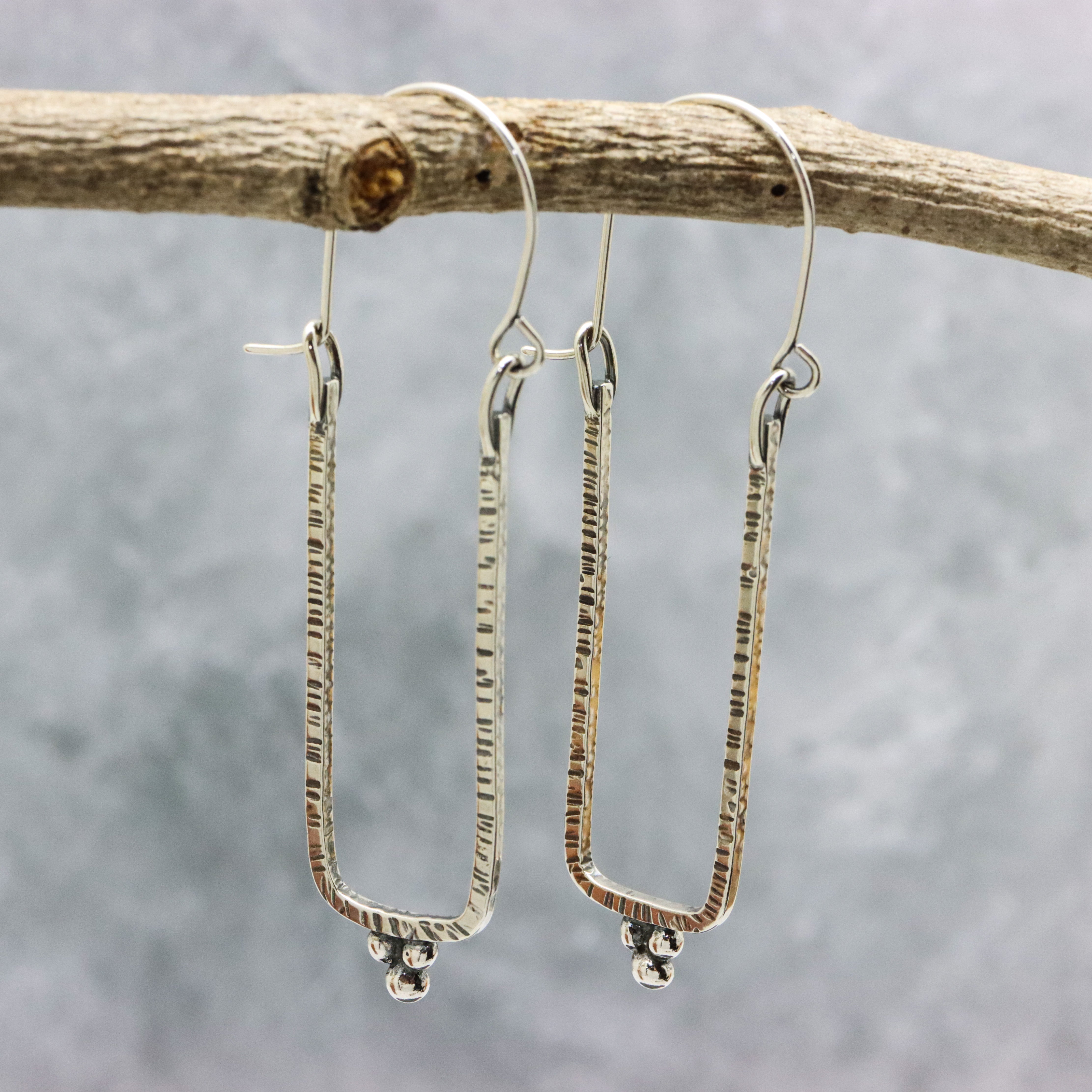 Narrow Rectangle Granulated Hoop Earrings in Sterling Silver Made To Order