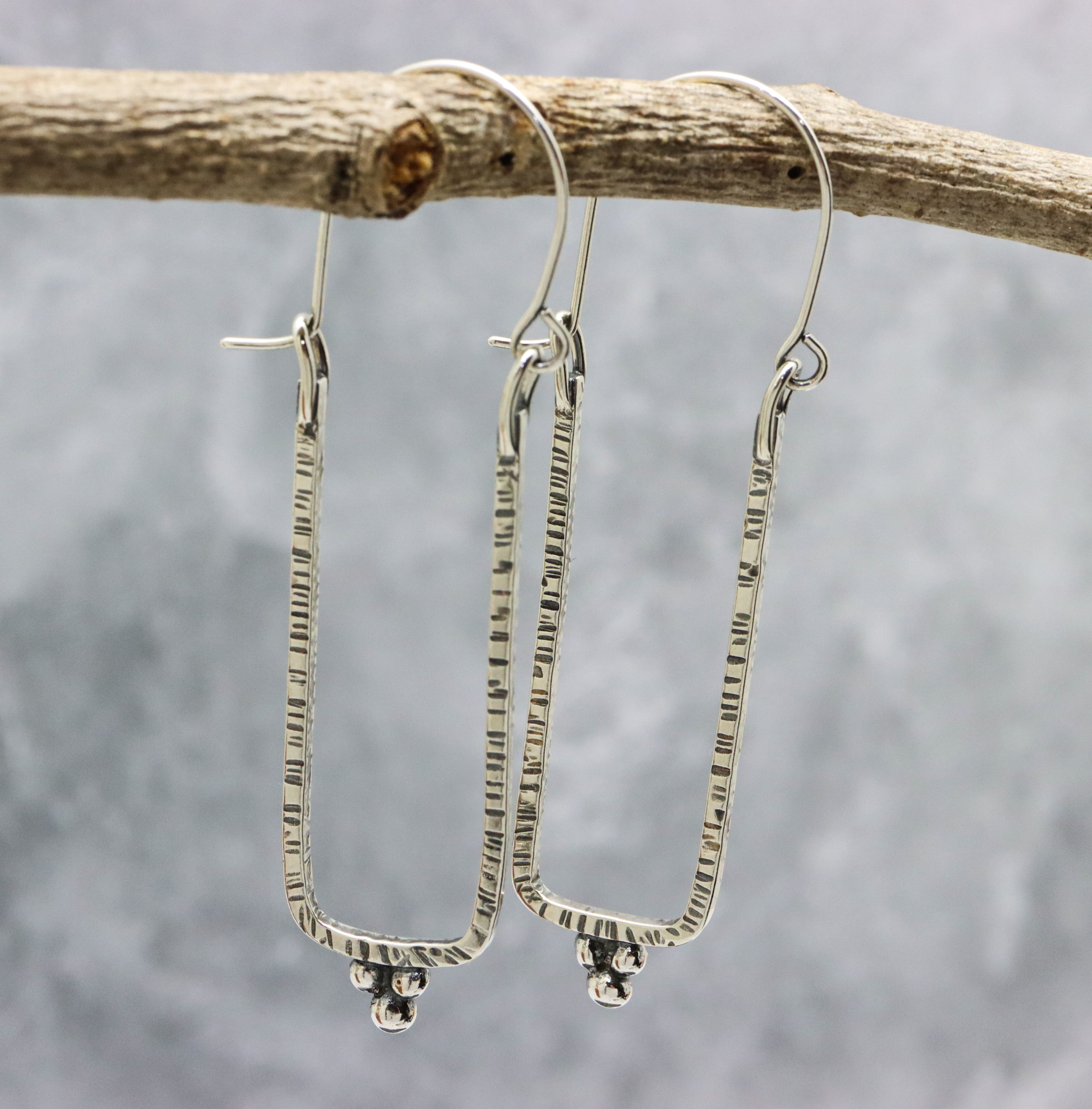 Narrow Rectangle Granulated Hoop Earrings in Sterling Silver Made To Order