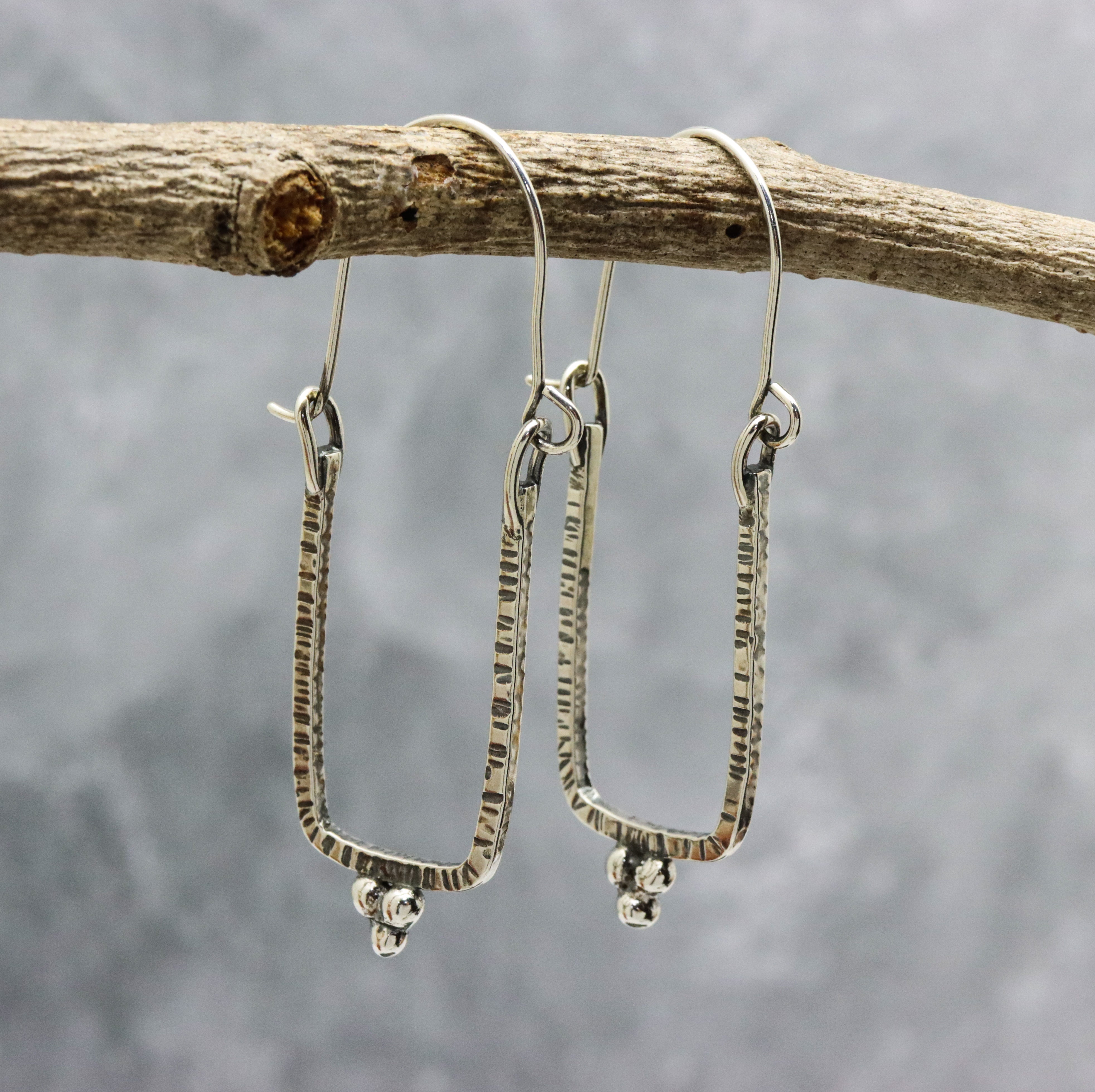 Narrow Rectangle Granulated Hoop Earrings in Sterling Silver Made To Order