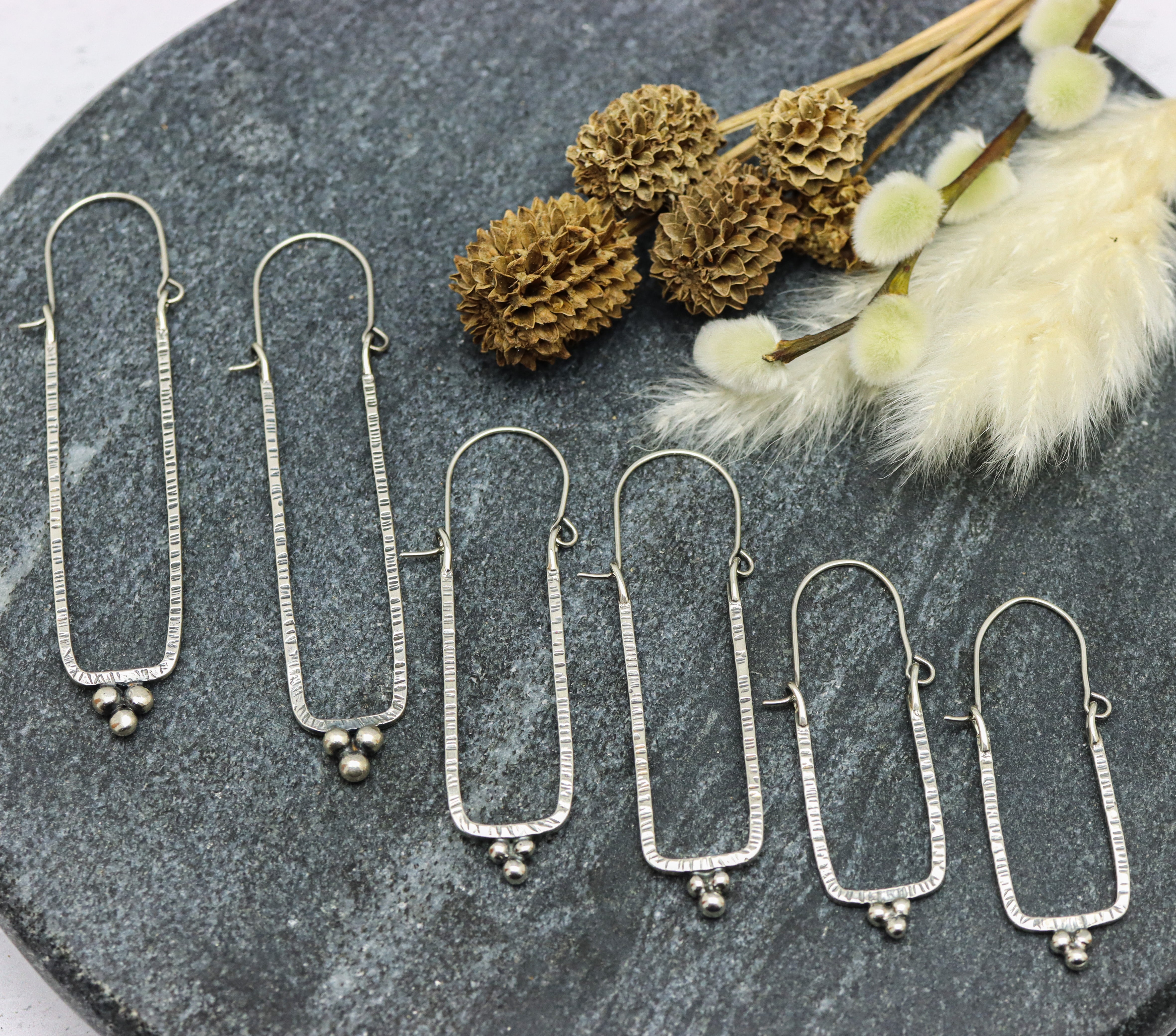 Narrow Rectangle Granulated Hoop Earrings in Sterling Silver Made To Order