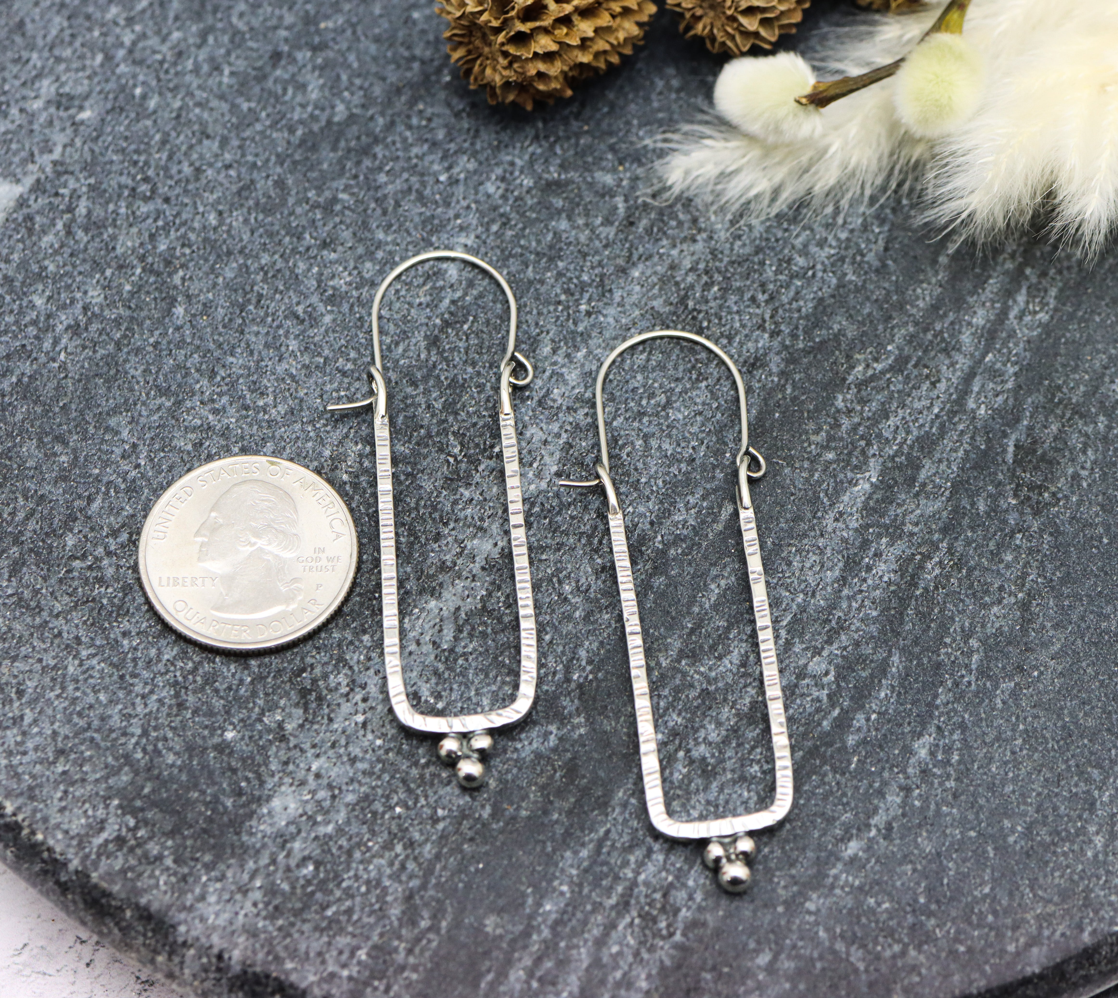 Narrow Rectangle Granulated Hoop Earrings in Sterling Silver Made To Order