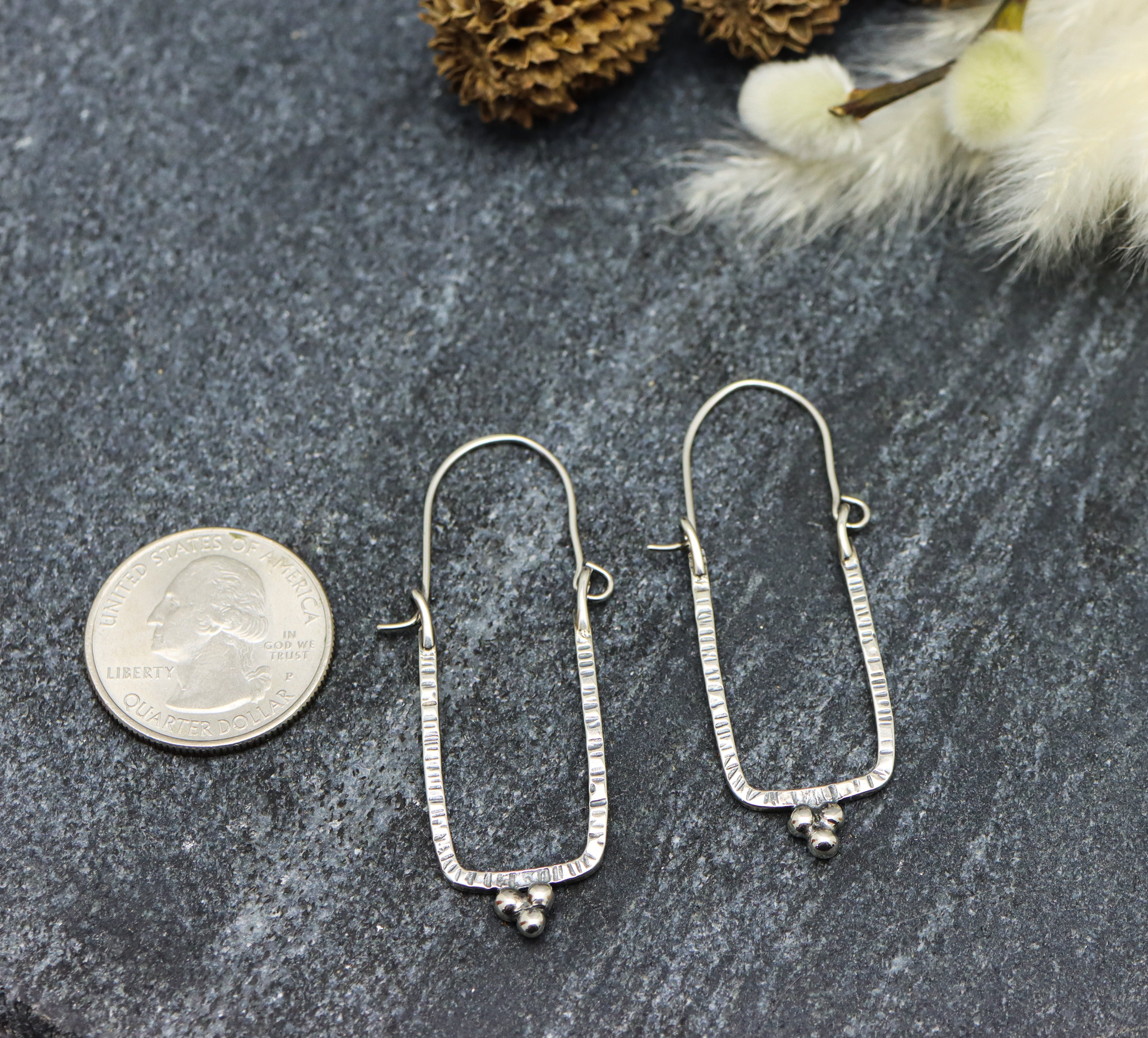 Narrow Rectangle Granulated Hoop Earrings in Sterling Silver Made To Order