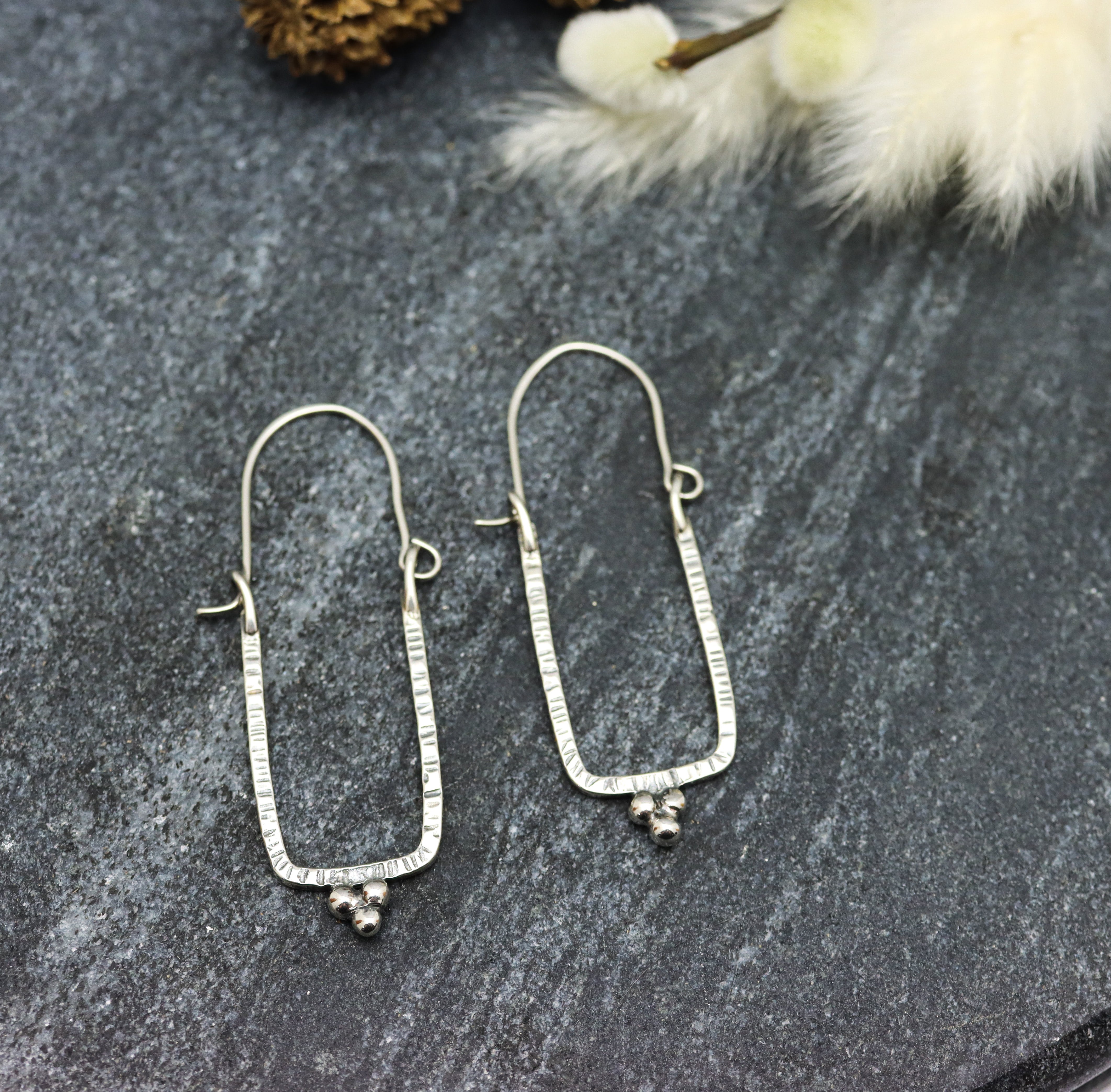 Narrow Rectangle Granulated Hoop Earrings in Sterling Silver Made To Order