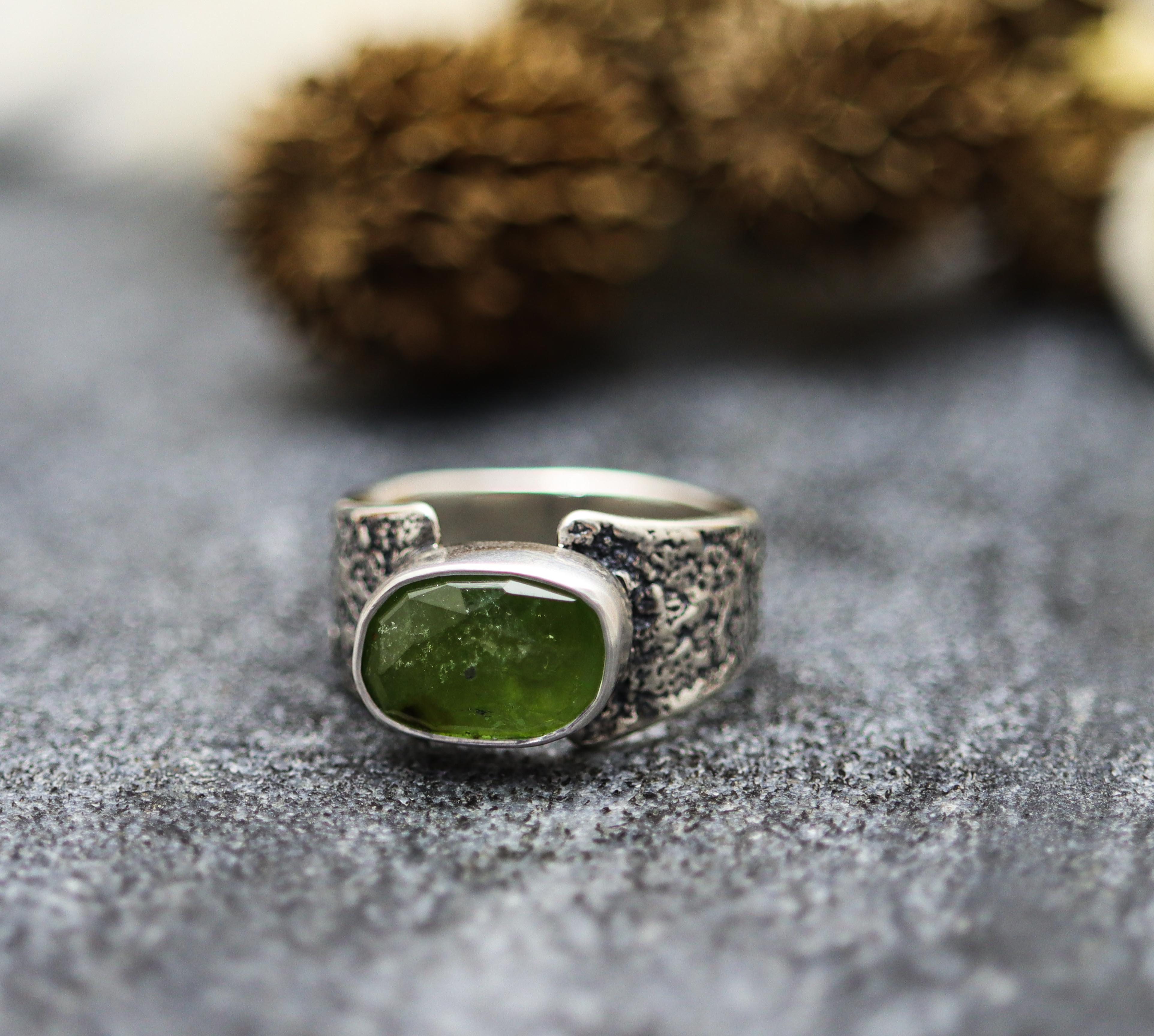 Green Tourmaline Sterling Silver Wide Band Ring