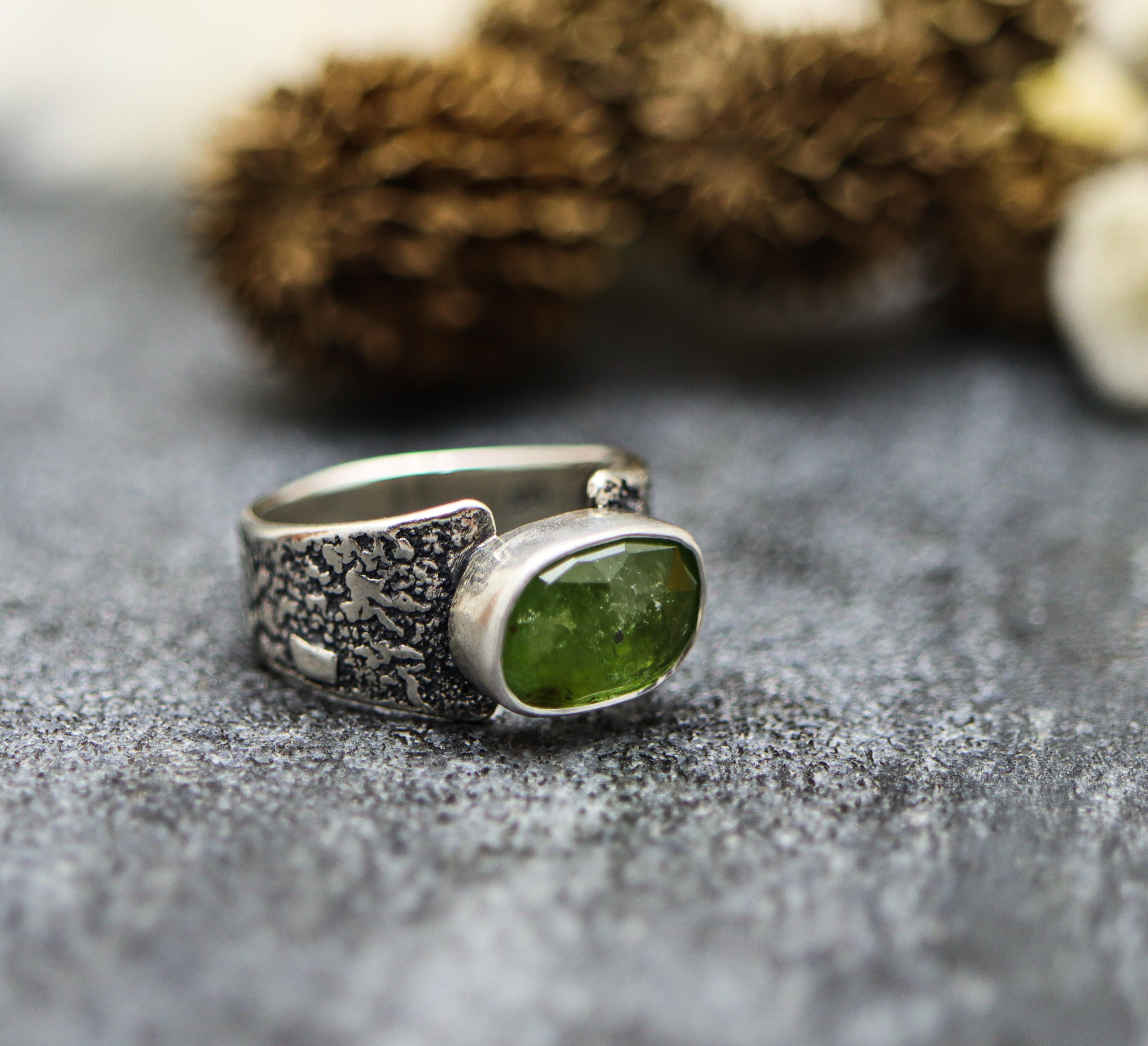 Green Tourmaline Sterling Silver Wide Band Ring