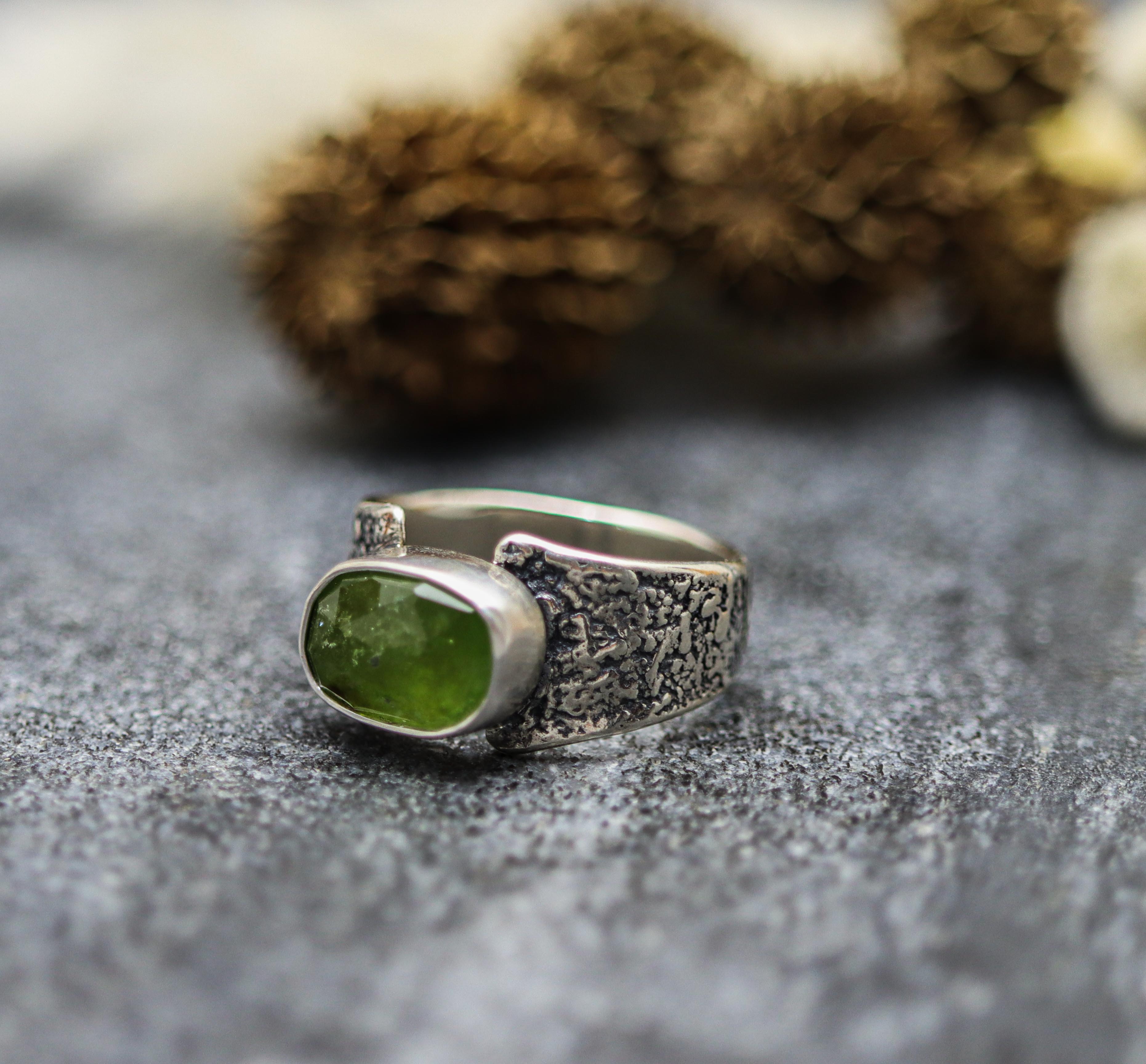 Green Tourmaline Sterling Silver Wide Band Ring