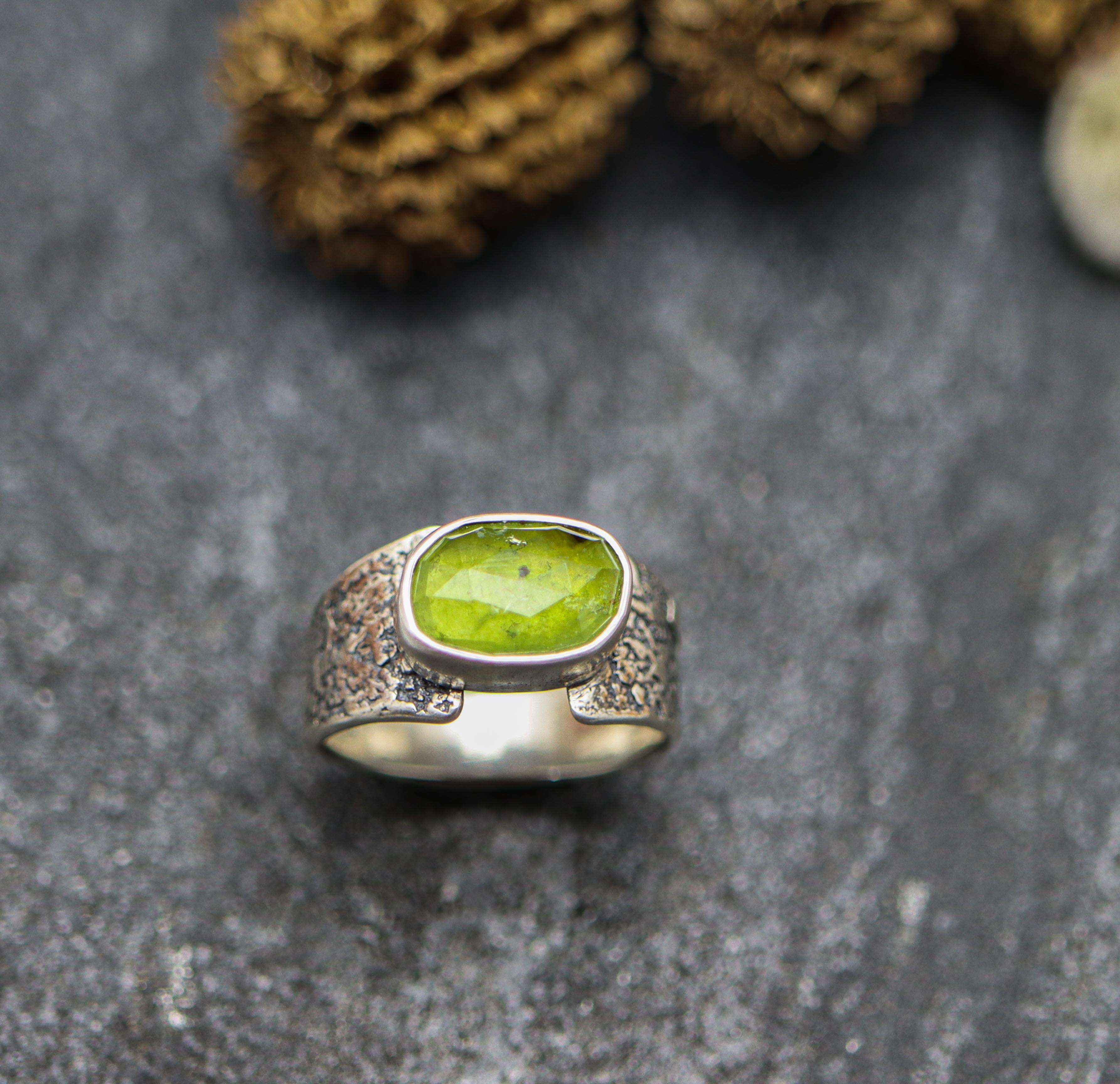 Green Tourmaline Sterling Silver Wide Band Ring