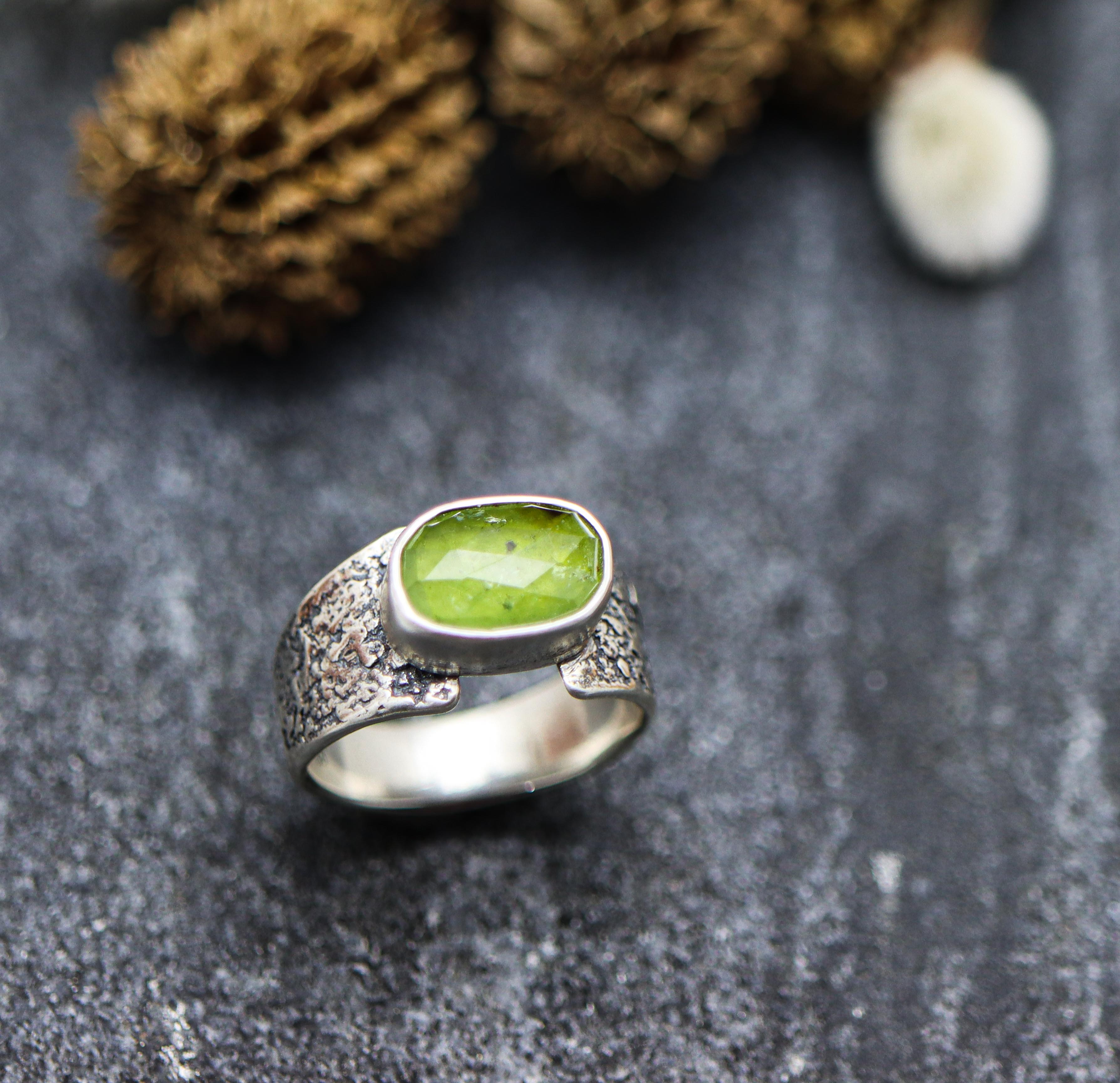 Green Tourmaline Sterling Silver Wide Band Ring