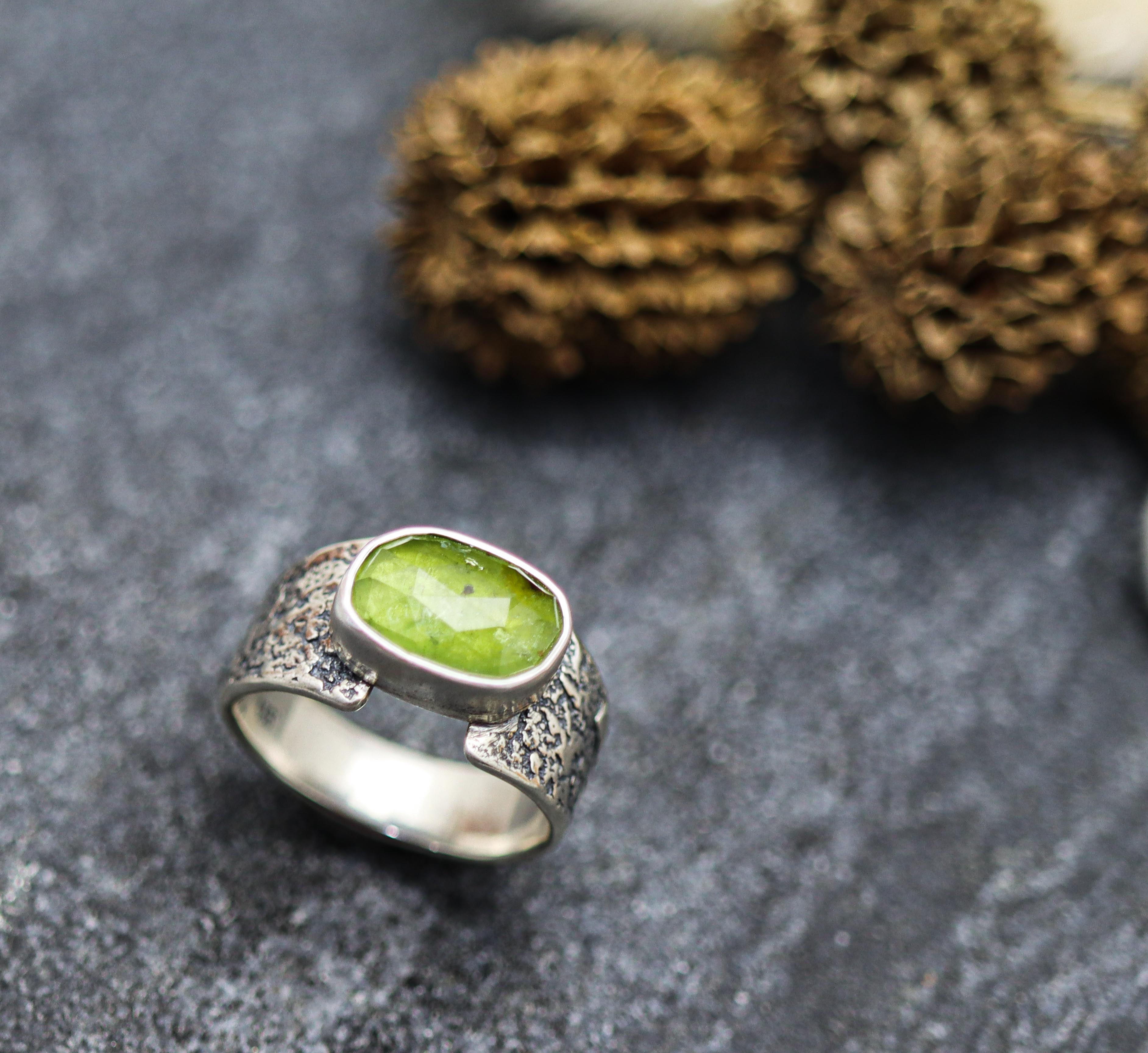 Green Tourmaline Sterling Silver Wide Band Ring