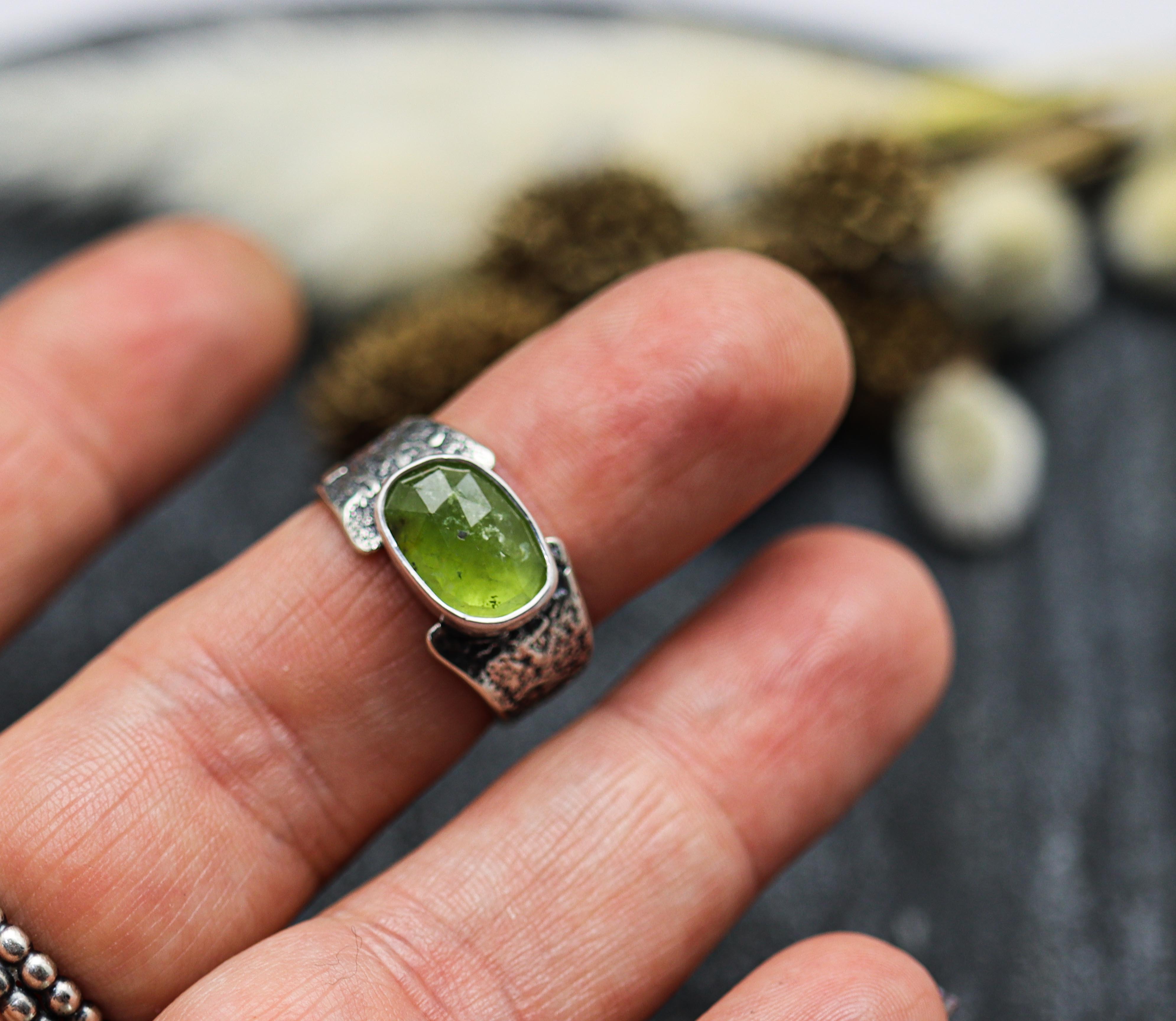 Green Tourmaline Sterling Silver Wide Band Ring