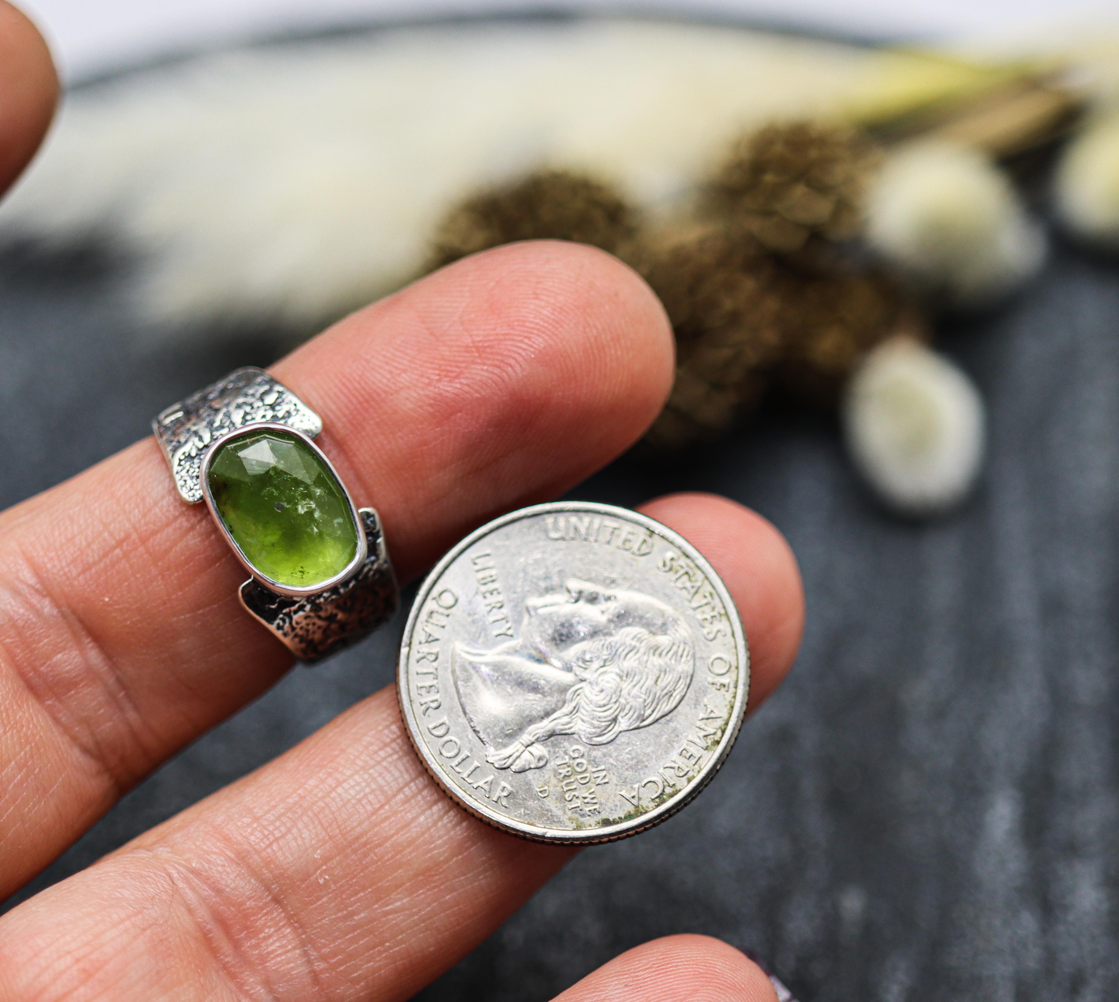 Green Tourmaline Sterling Silver Wide Band Ring