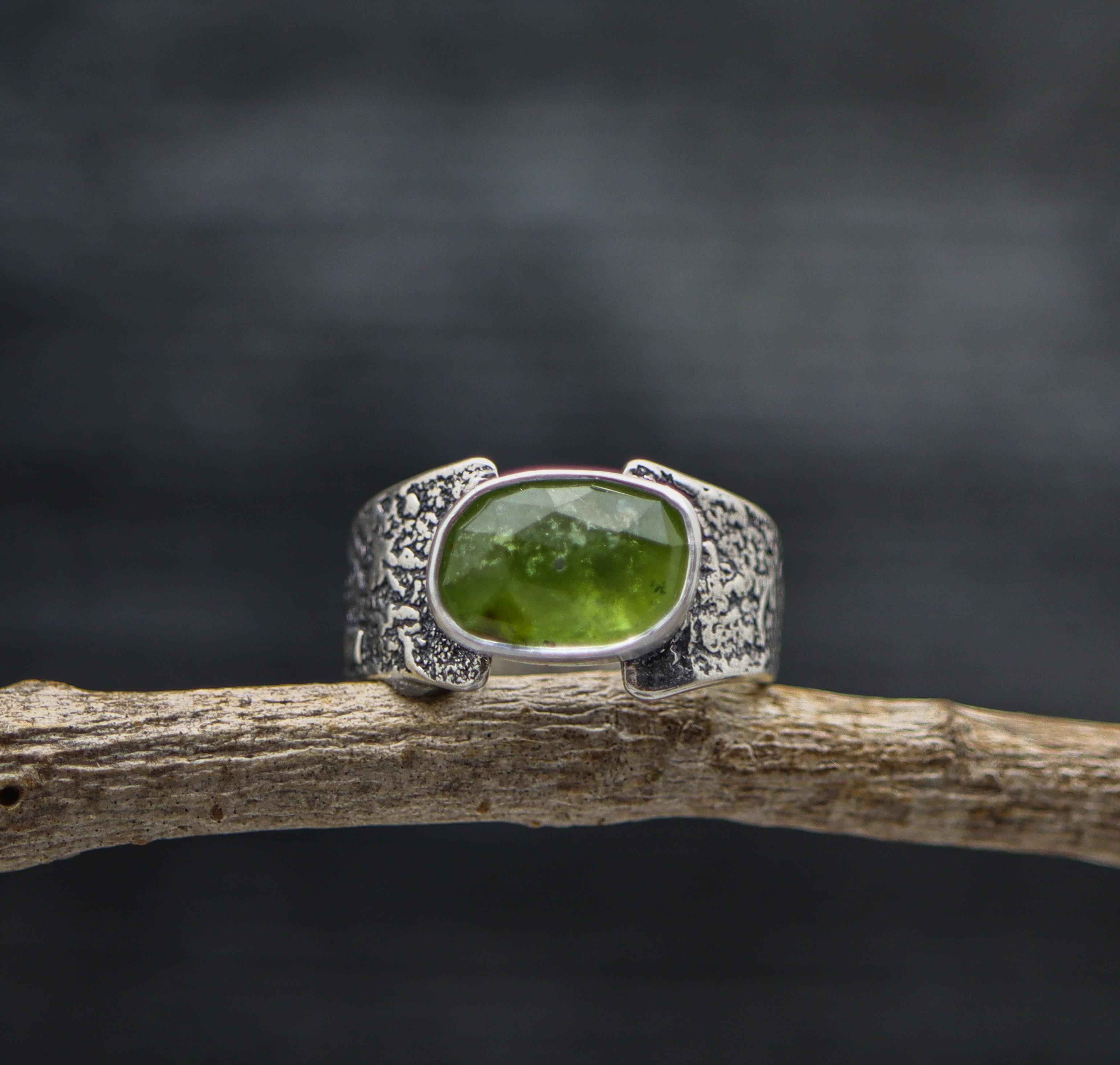 Green Tourmaline Sterling Silver Wide Band Ring