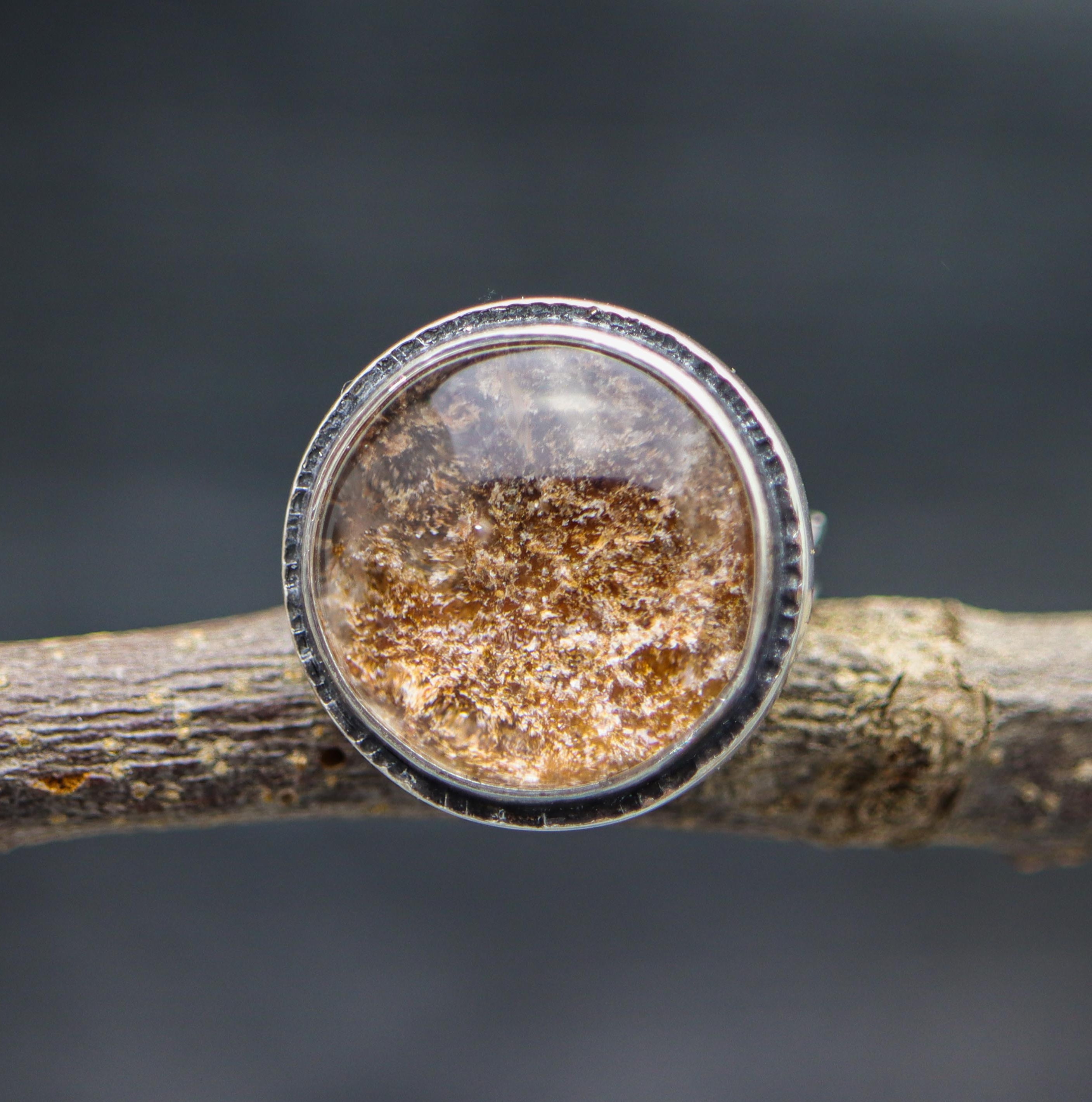 A sterling silver ring with a chlorite in quartz gemstone, set in a hand-carved band, displayed on a branch.