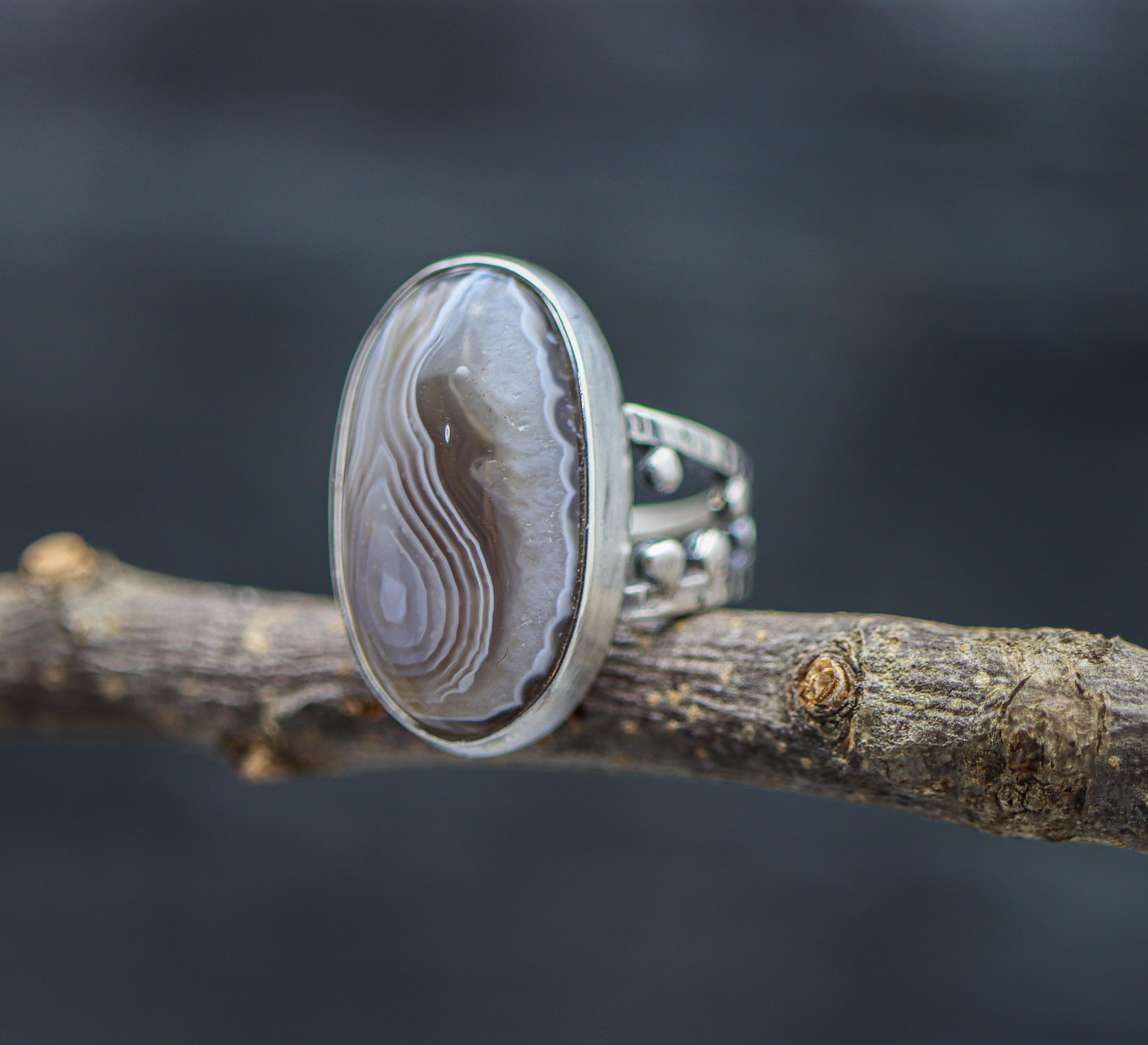 *ON SALE* Botswana Agate Sterling Silver Bubble Band Ring Size 6