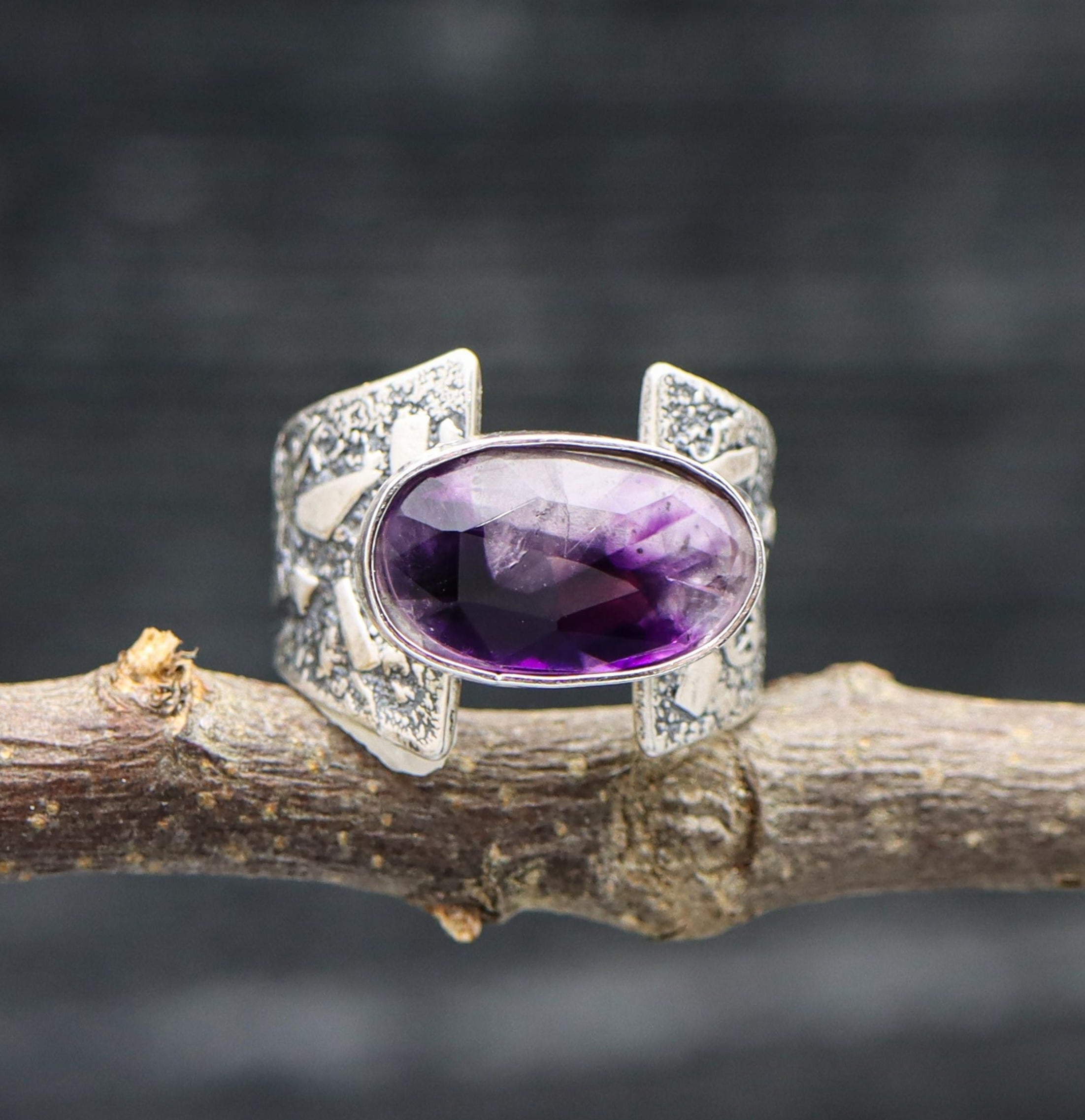 A sterling silver ring with a trapiche amethyst stone set in a silver setting, displayed on a branch against a dark background.