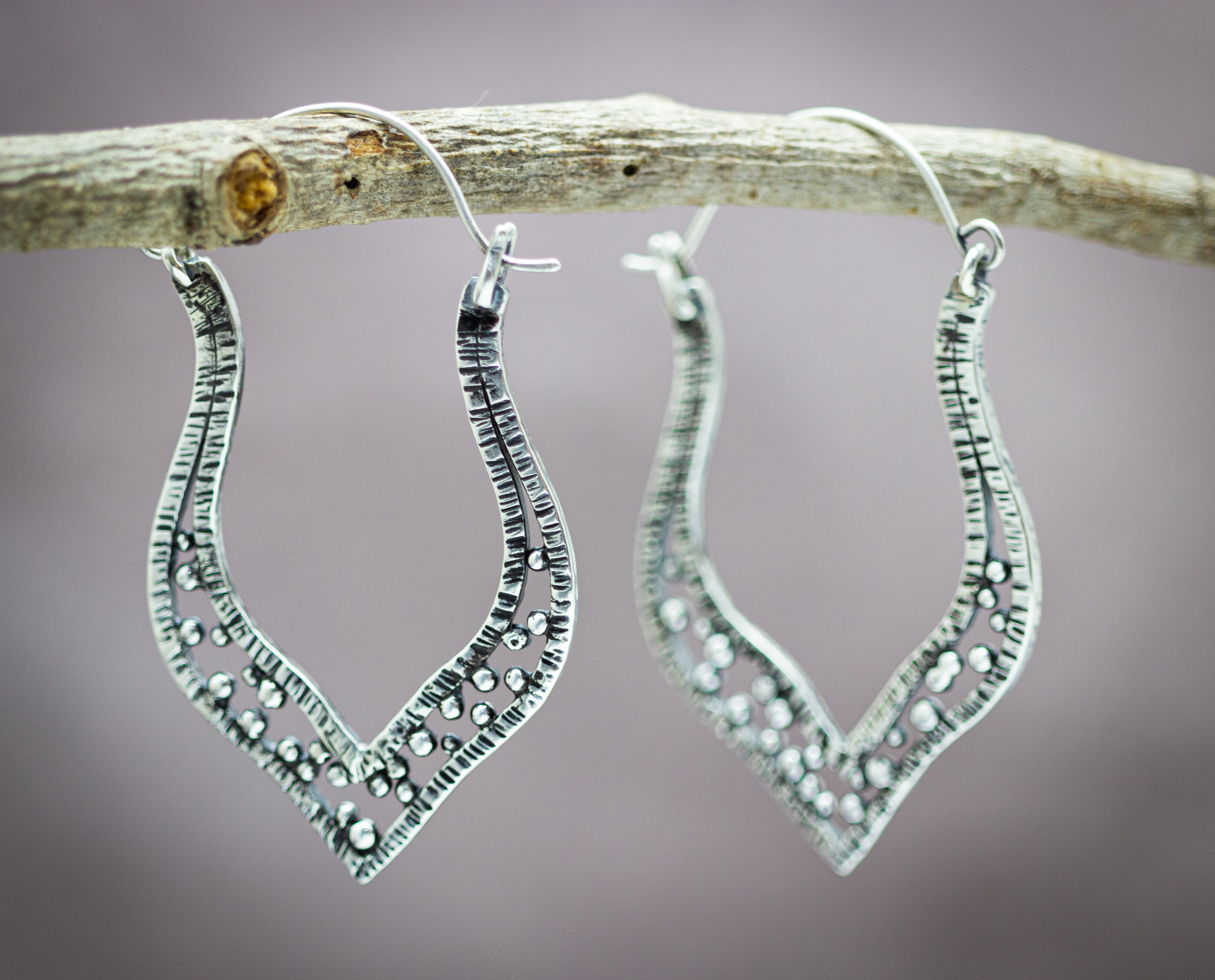 Boho Hoop Earrings Sterling Silver Textured and Hand Forged Granulation Earrings