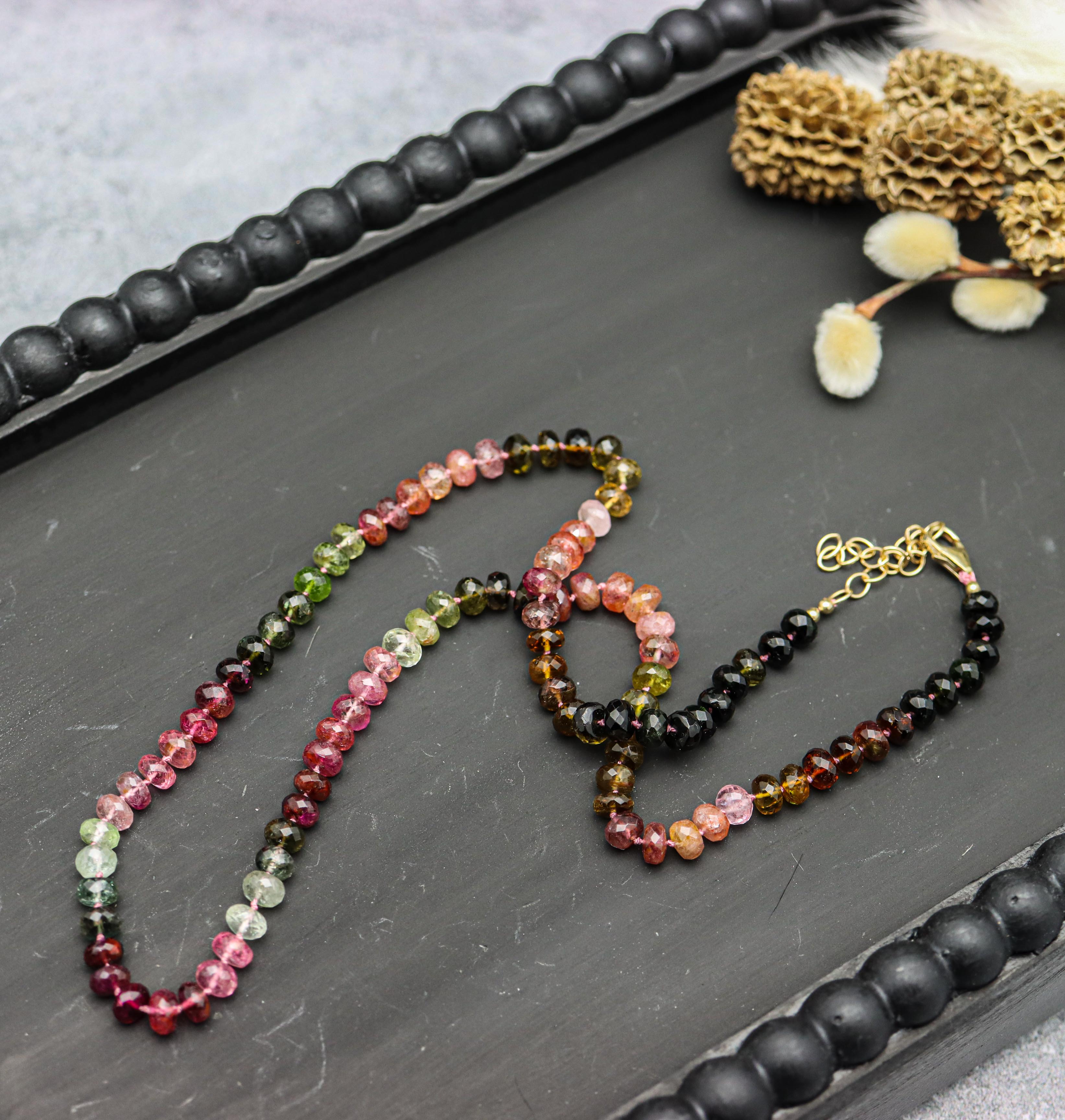 Multi Colored Tourmaline Hand Knotted Bead Necklace 14k Gold Fill