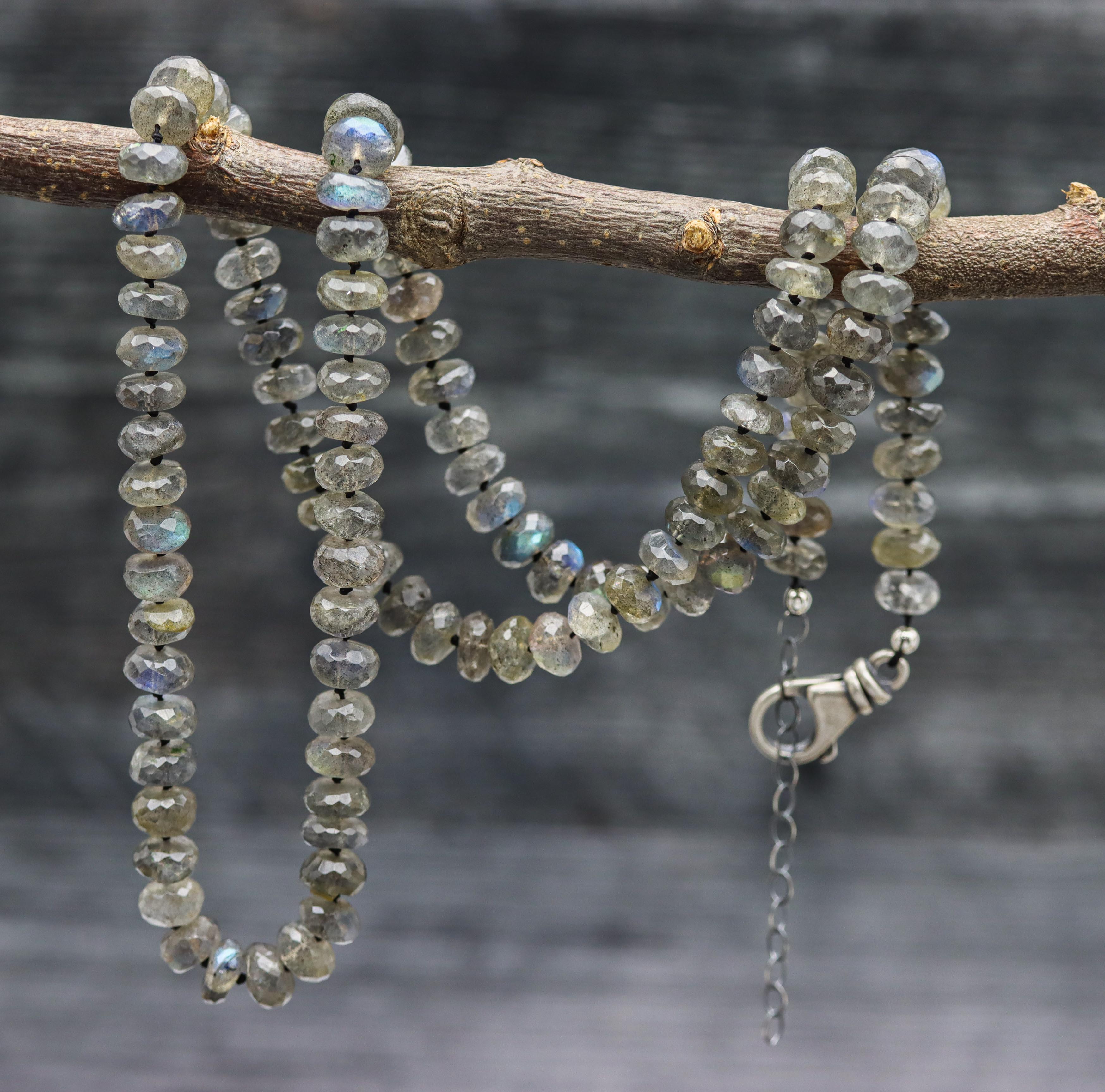 Sparkly Labradorite Hand Knotted Bead Necklace Sterling Silver