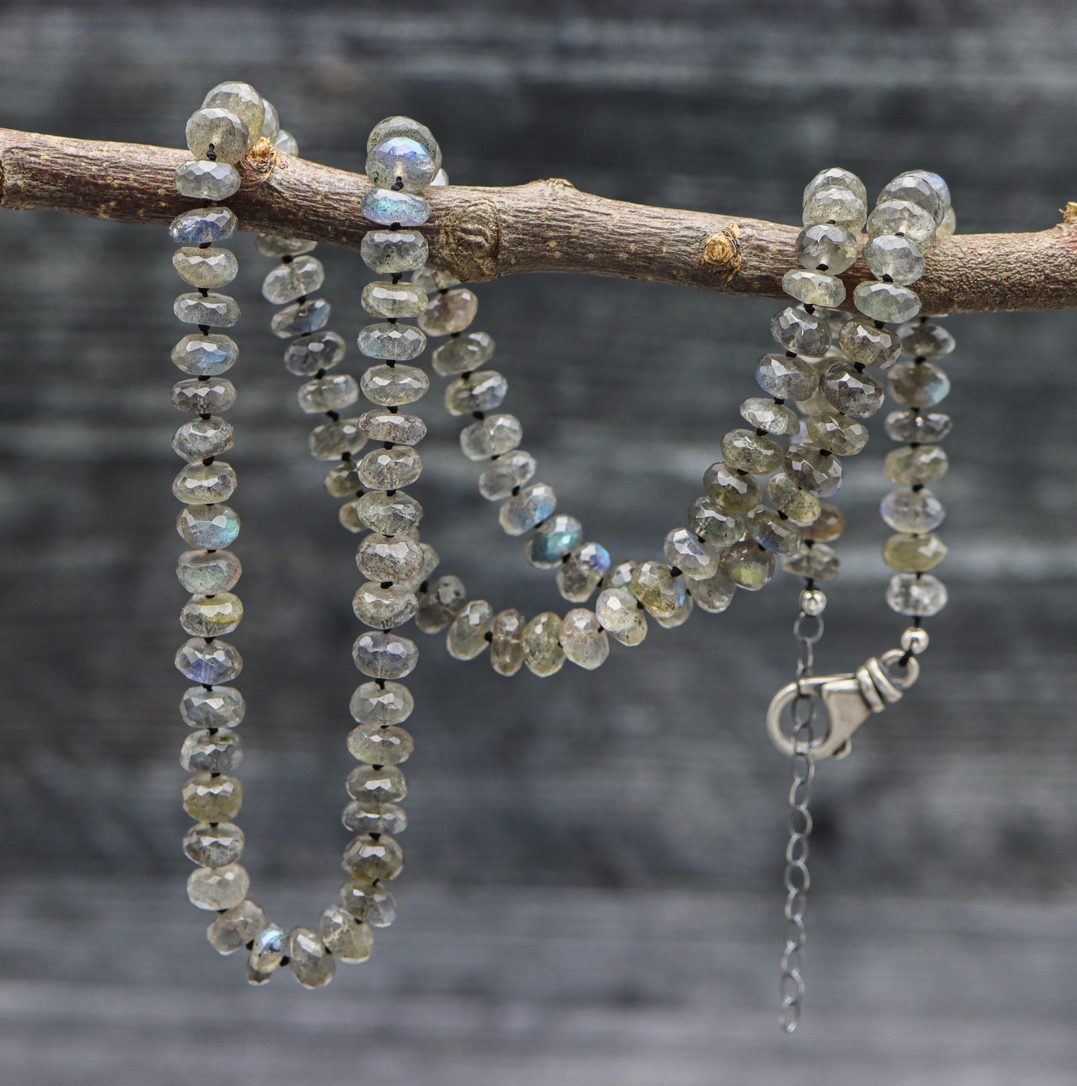 Sparkly Labradorite Hand Knotted Bead Necklace Sterling Silver