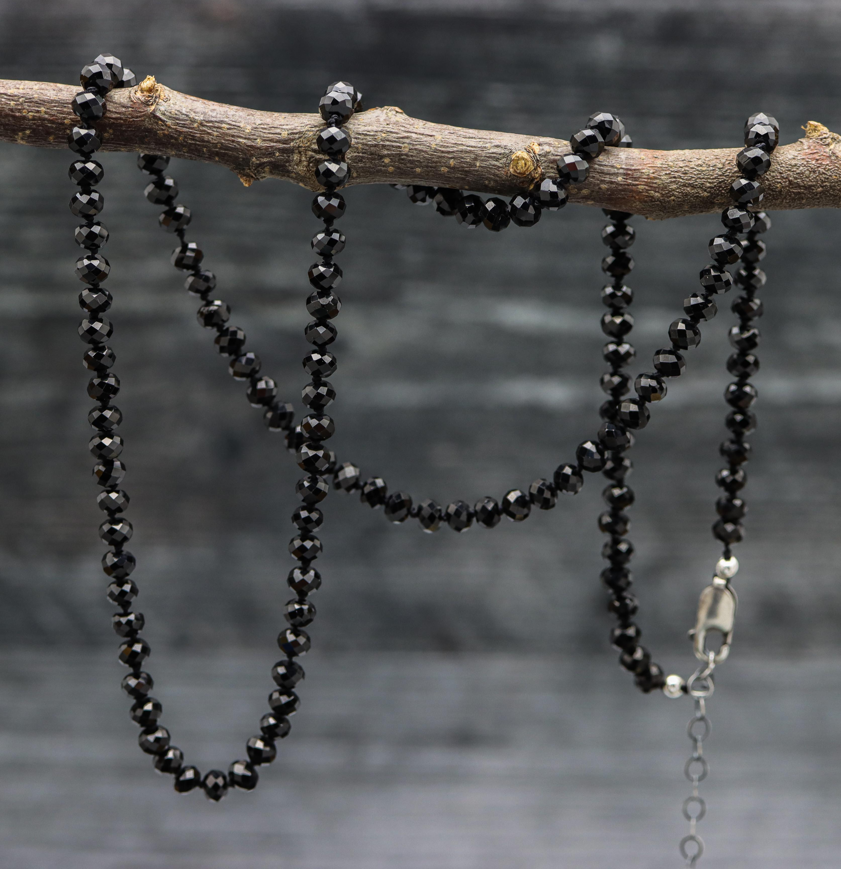 Sparkly Black Spinel Hand Knotted Bead Necklace Sterling Silver 24 Inch