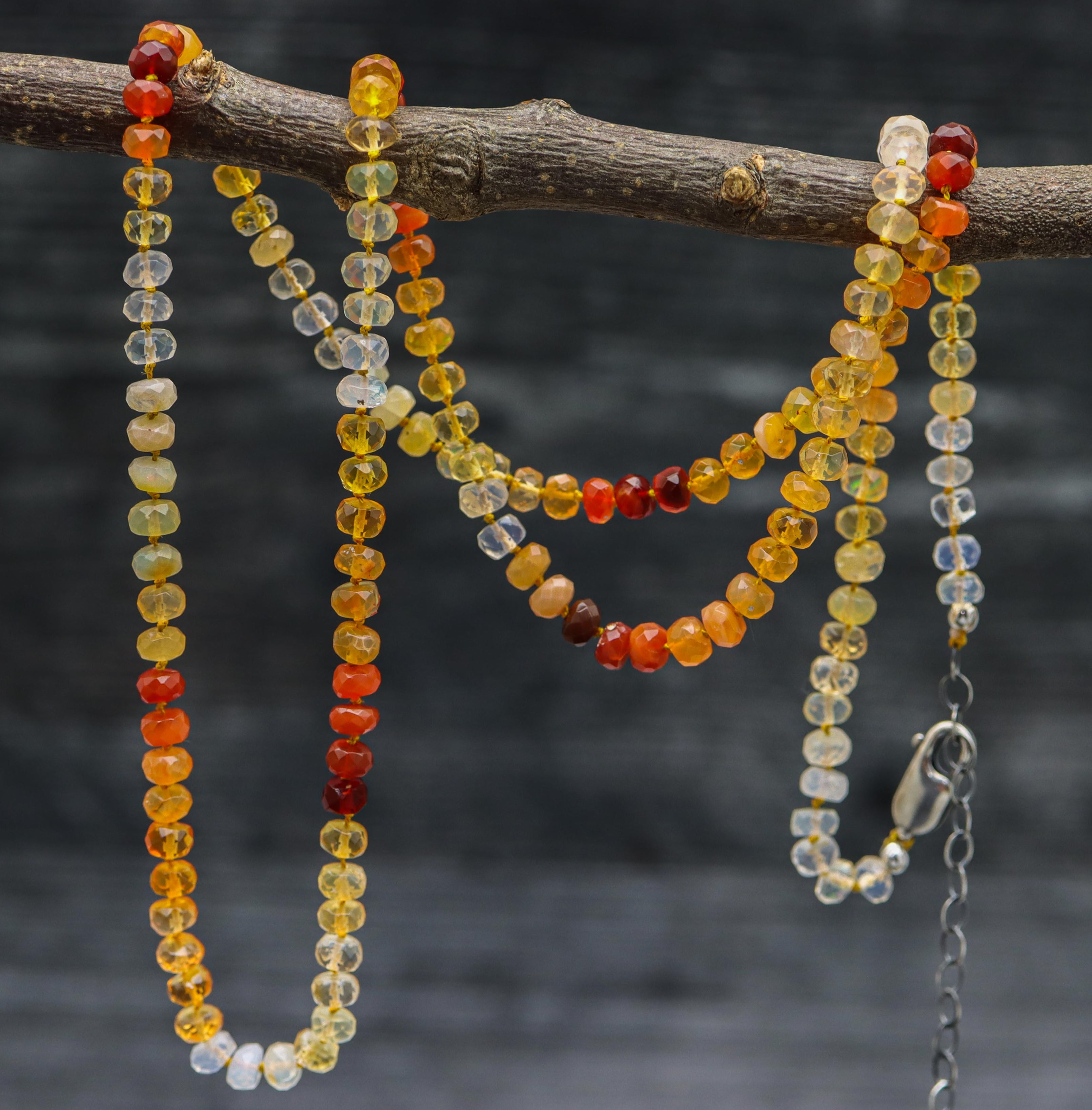 Mexican Fire Opal Hand Knotted Bead Necklace Sterling Silver