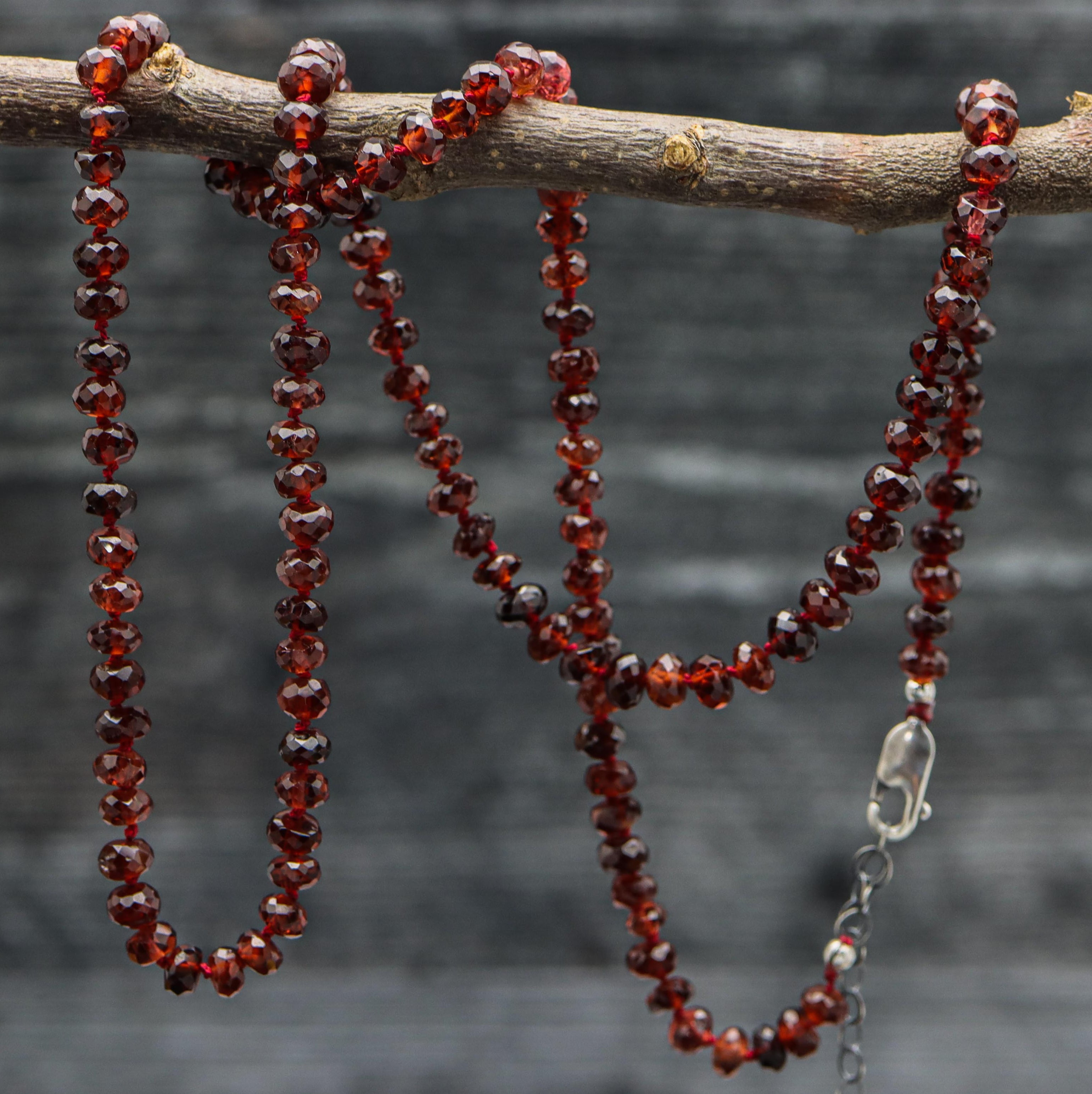 Red Garnet Hand Knotted Bead Necklace Sterling Silver Long