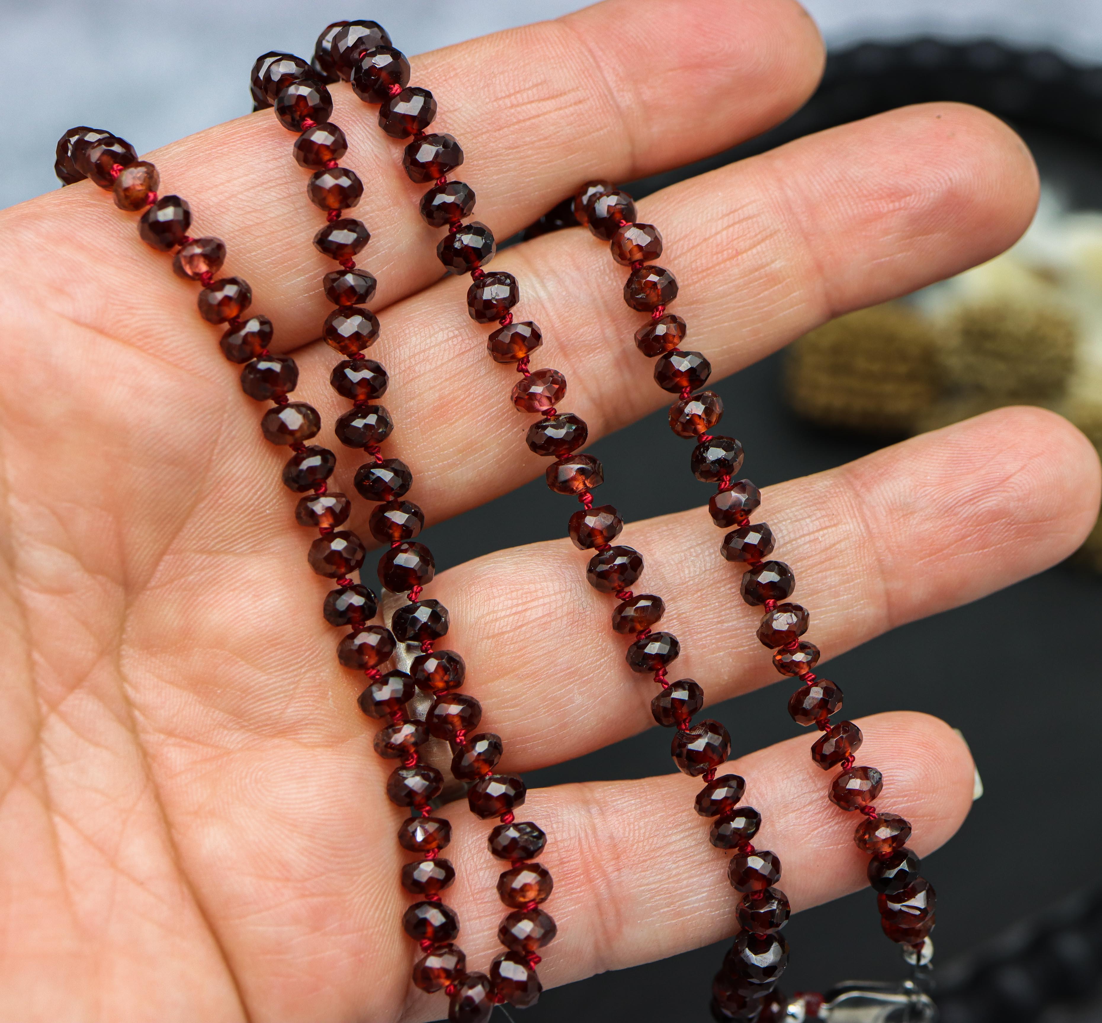 Red Garnet Hand Knotted Bead Necklace Sterling Silver Long