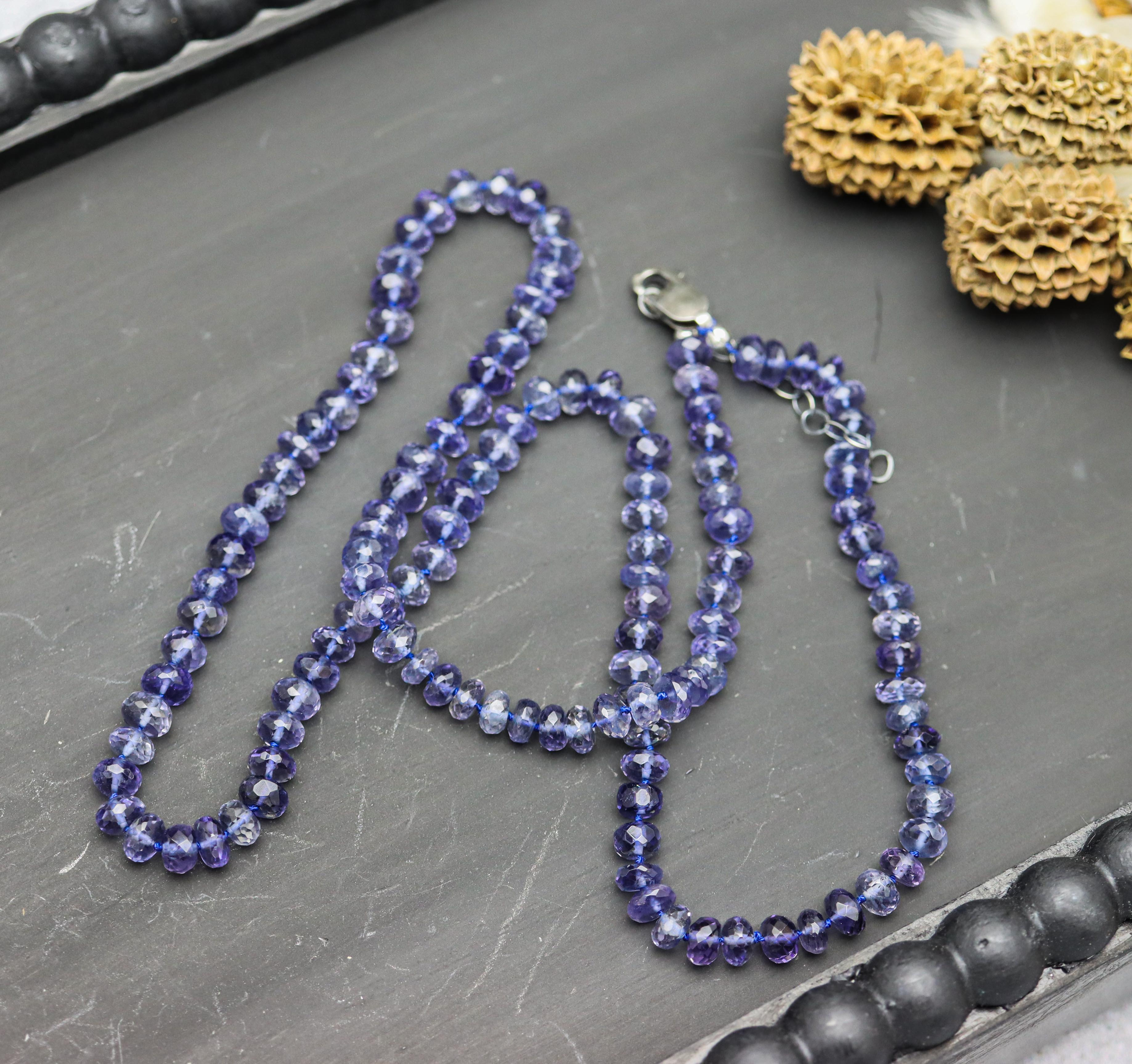 Blue Violet Iolite Hand Knotted Bead Necklace Sterling Silver