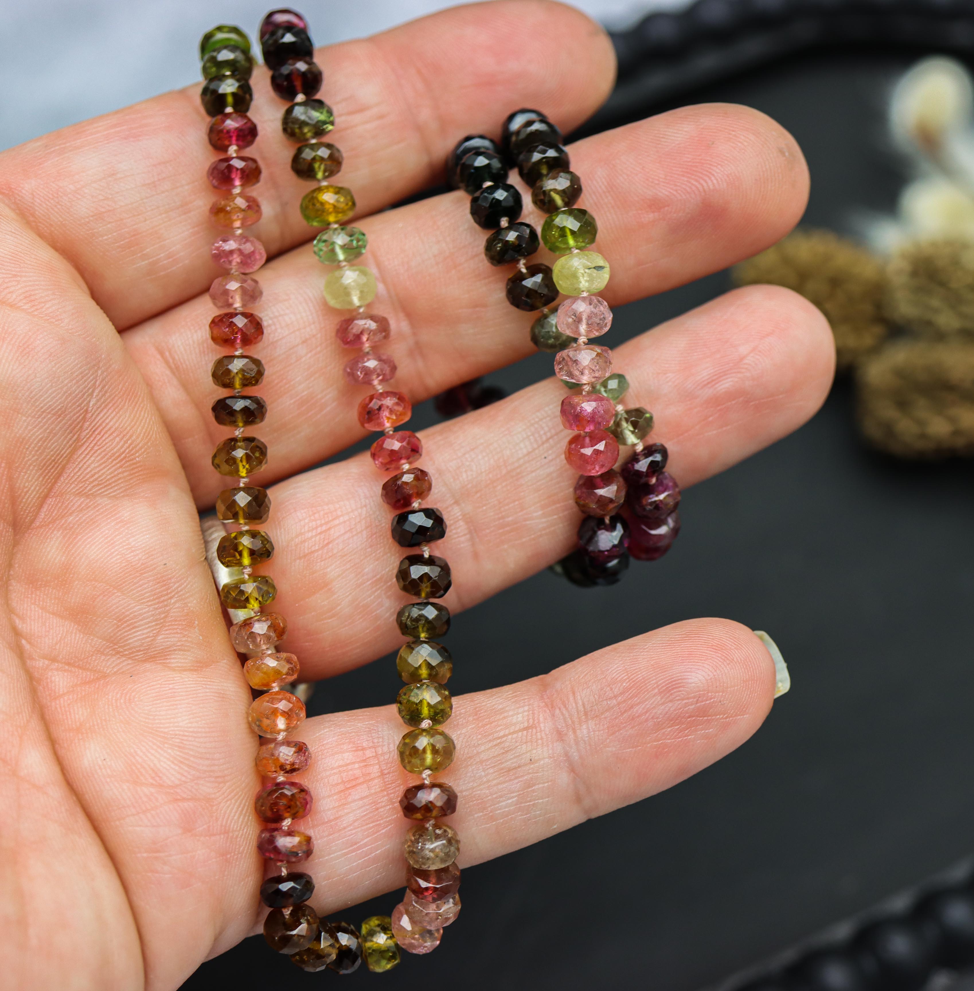 Multi Colored Tourmaline Hand Knotted Bead Necklace Sterling Silver 23 Inches