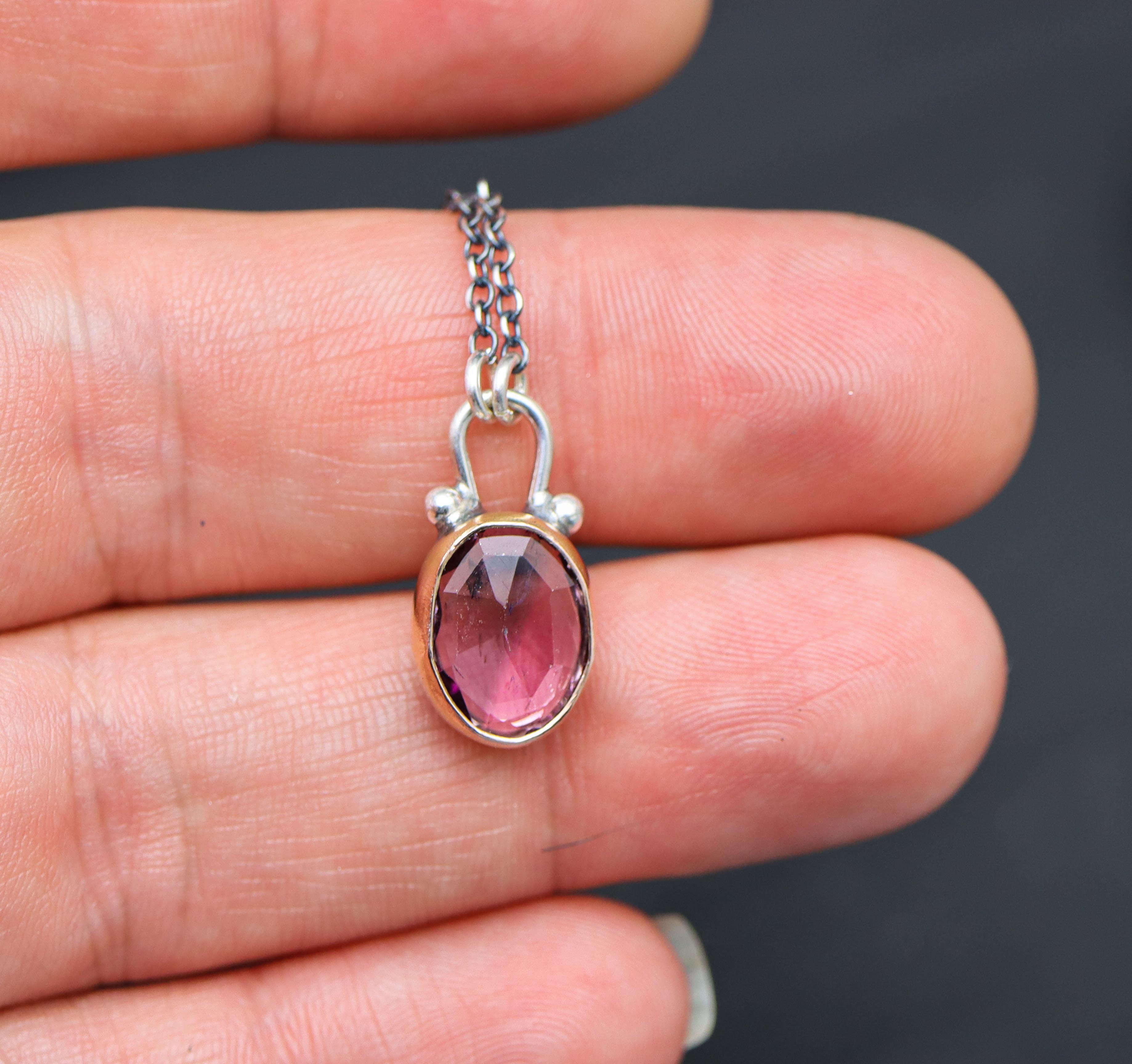 Pink and Purple Tourmaline Petite Pendant Necklace Sterling Silver & 14k Rose Gold